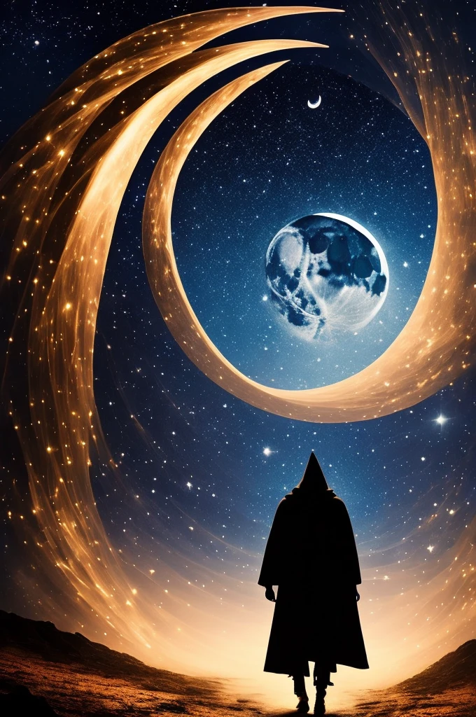 Under the cover of night, a crescent moon hangs in the sky, casting a dim light over the shadow-shrouded landscape. Its pale rays illuminate the path of a lone figure who ventures through the darkness, as shadows dance around him. The moon, an ancient symbol of renewal and mystery, lends a magical aura to the gloomy environment,
revealing just enough to spark curiosity. As its soft glow caresses the landscape, hidden secrets come to life, waiting to be discovered by those brave enough to explore beyond the veil of night.