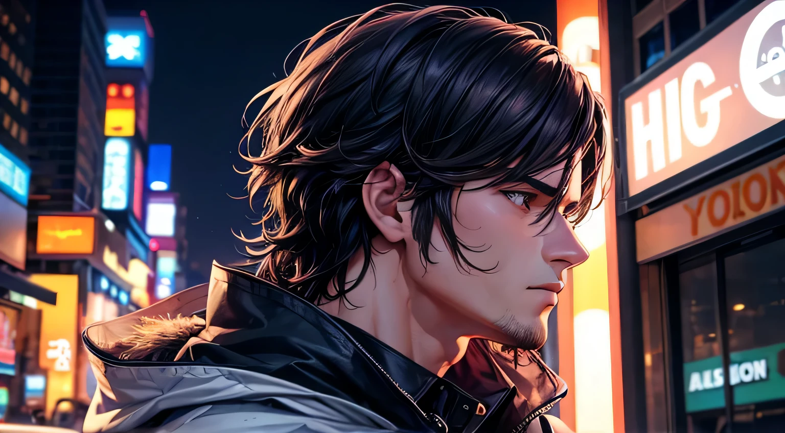 Male,
1 person,
Good looking man,
Profile,
Detailed facial expressions,
detailed facial expression, detailed hair description,
detailed hair description, detailed eyes description,
downtown,
Midnight,
neon light,
