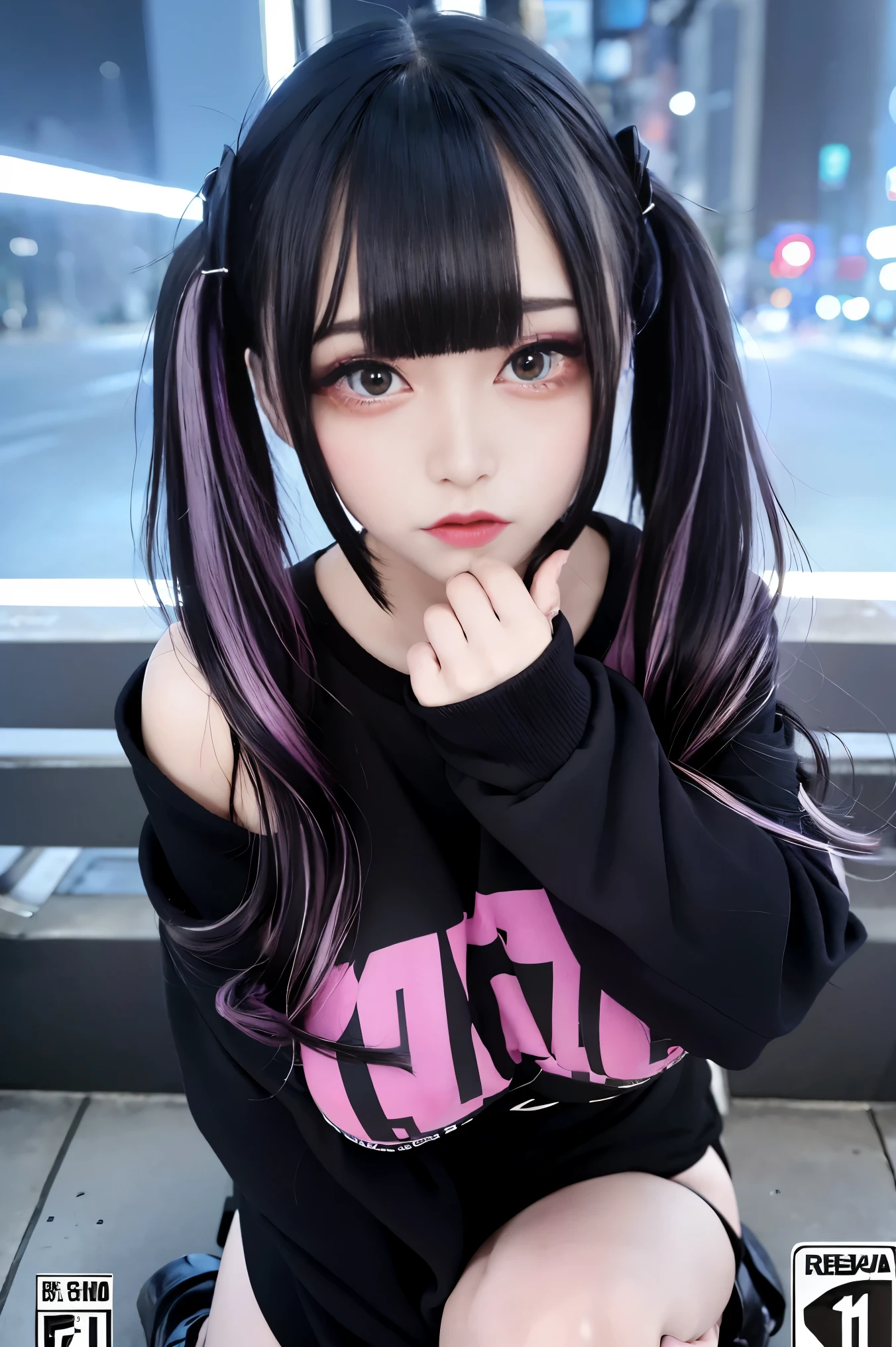 4K - ultra-vivid、highest quality, masterpiece, Ultra-high resolution, (reality: 1.4), -yeld gi Purple eyes, Off-the-shoulder sweater dress, Cinema Lighting、purple and black hair、(Mine Girl、Goth Makeup、My Makeup)、(Earrings、Big Breasts、An oversized black t-shirt with open shoulders、Dark mini skirt)、((Heavy makeup、Oilskin,Glowing Skin、Realistic skin texture、Fine and beautiful skin、Shiny skin)), Dark downtown at night、night、blue film photography、Kabukicho、Dark Cyberpunk、(Full Shot:1.8)、Thin legs、Thin arms、Narrow shoulders、Narrow waist、Slender body、Big Breasts、whole body、(Jab Cover: 1.8)