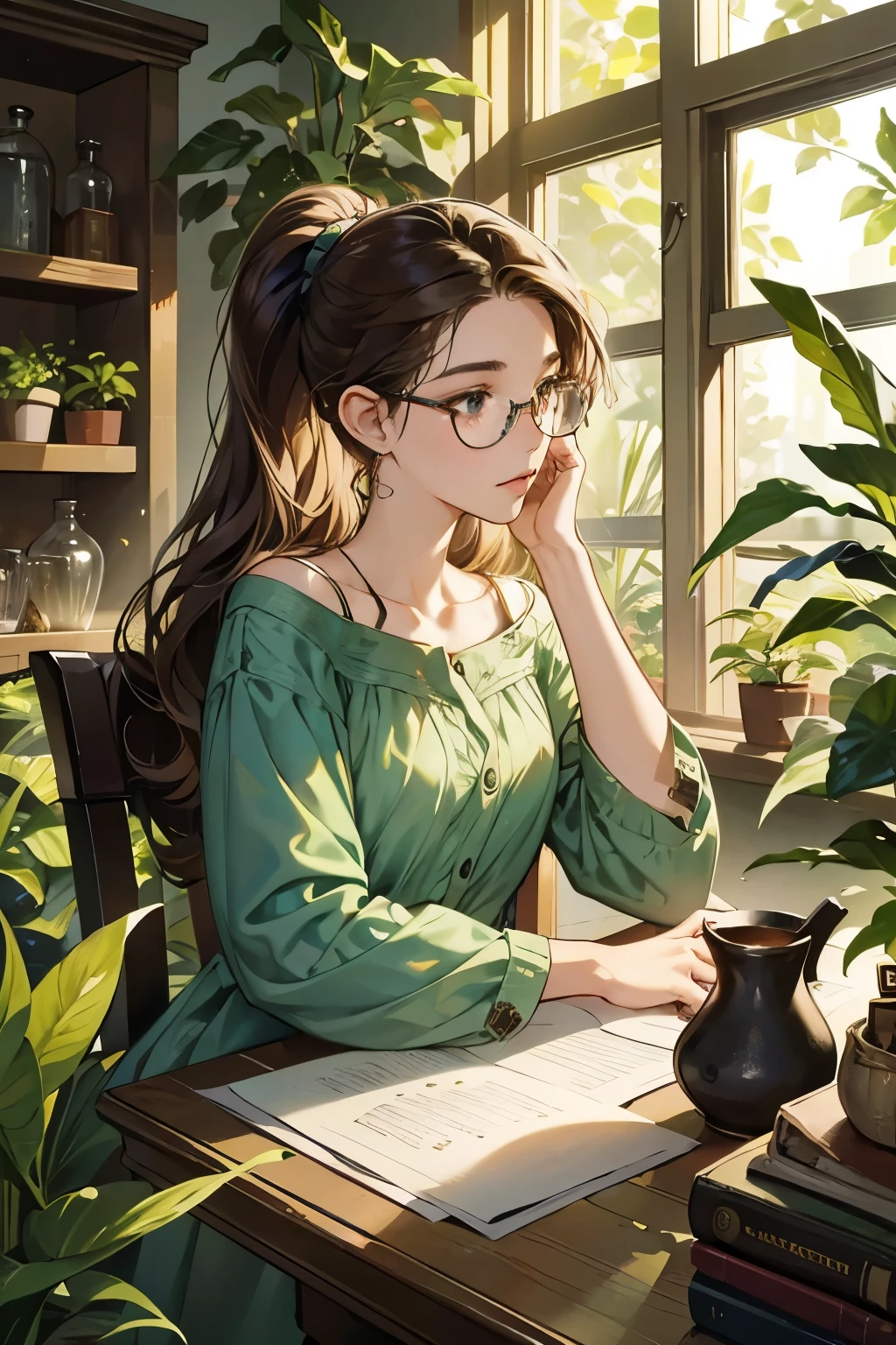 Best image quality, high resolution, 8K, realistic representation in every detail, photorealism. In a room bathed in natural light, a desk is carefully arranged in the midst of a miniature jungle. Shelves overflow with clay pots, each housing a different variety of medicinal plants. At the center of this domestic ecosystem, an 18-year-old woman focuses on her work. Her name is Leslie, a botanist passionate about the botanical diversity and medicinal secrets of plants. Her brown hair is pulled back into a casual ponytail, with a few wavy strands framing her face. Behind her round glasses, her green eyes shine with insatiable curiosity. Clad in a simple floral dress, she seems perfectly at ease among her precious botanical discoveries. Each plant is a puzzle to solve, each leaf a story to tell. For her, the desk is much more than just a workplace; it's her laboratory, her sanctuary, her playground. As her agile fingers carefully manipulate the leaves and petals, she loses herself in thought, imagining the endless possibilities these plants could offer to medicine. But behind her apparent tranquility lies a fierce determination. For Leslie, the plant world still holds so many secrets to uncover, and she is ready to discover them, one plant at a time.