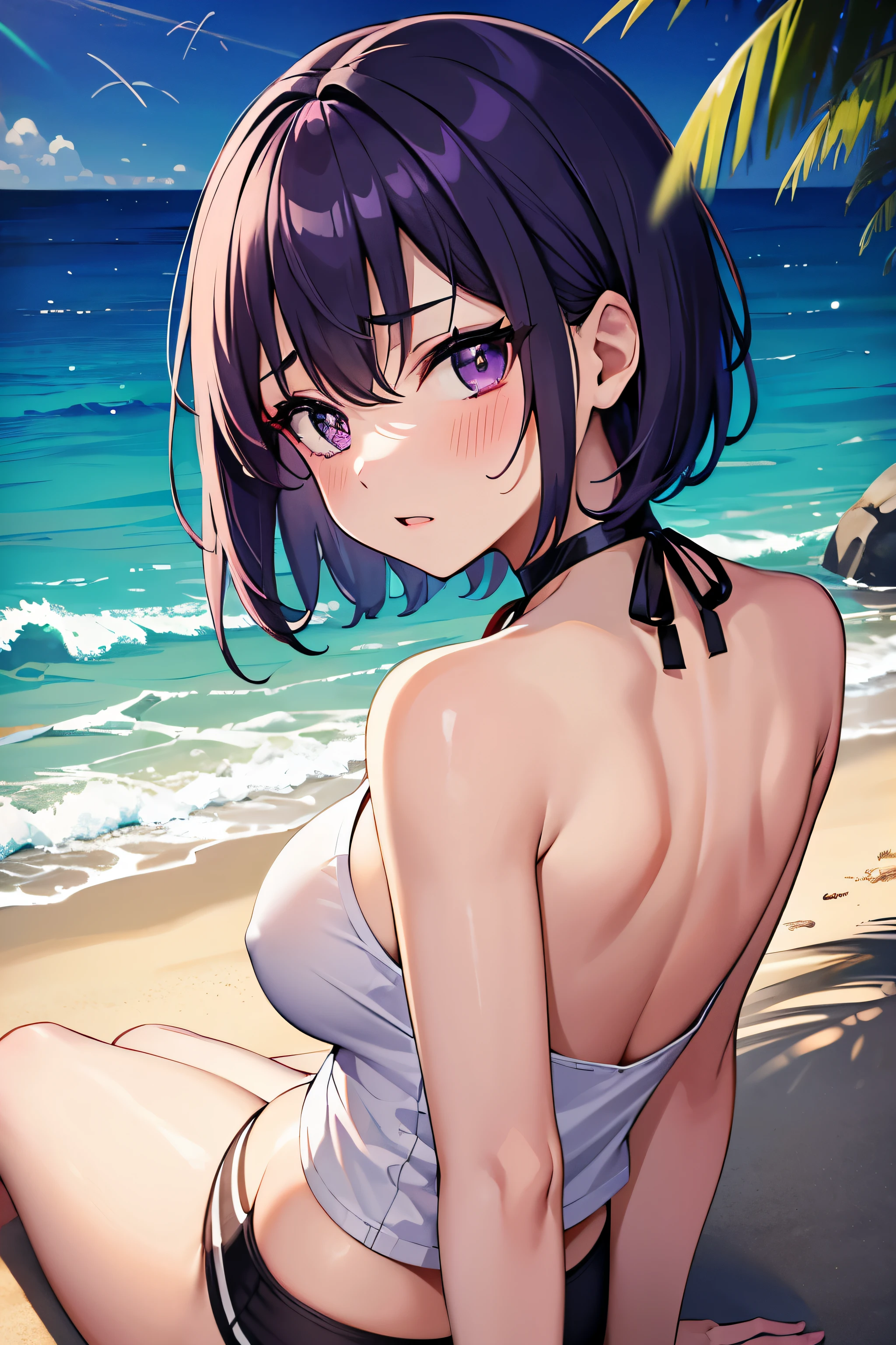 (masterpiece,highest quality, detailed), One girl, alone, Lying on the beach,Point your ass to the camera,Stick your butt out,Sea of night, Fireworks at night, whole body,Sweat, Ahegao, Roll your eyes, blush, naked、Purple Hair,Short Hair,One eye is covered by bangs、Purple choker,open chest white shirt、Black underwear,A tight-fitting shirt、Big Breasts