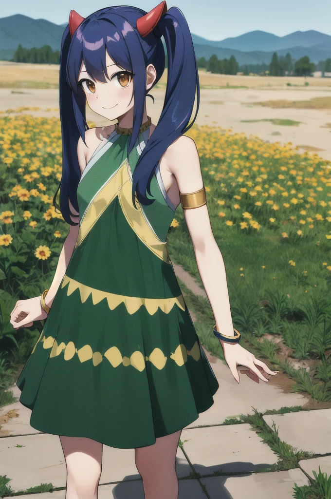 masterpiece, best quality, highres, aawendy, long hair, twintails, hair ornament, bare shoulders, green dress, sleeveless dress, armlet, bracelet, outdoors, standing, cowboy shot, smile,looking_at_viewer ,back veiw 