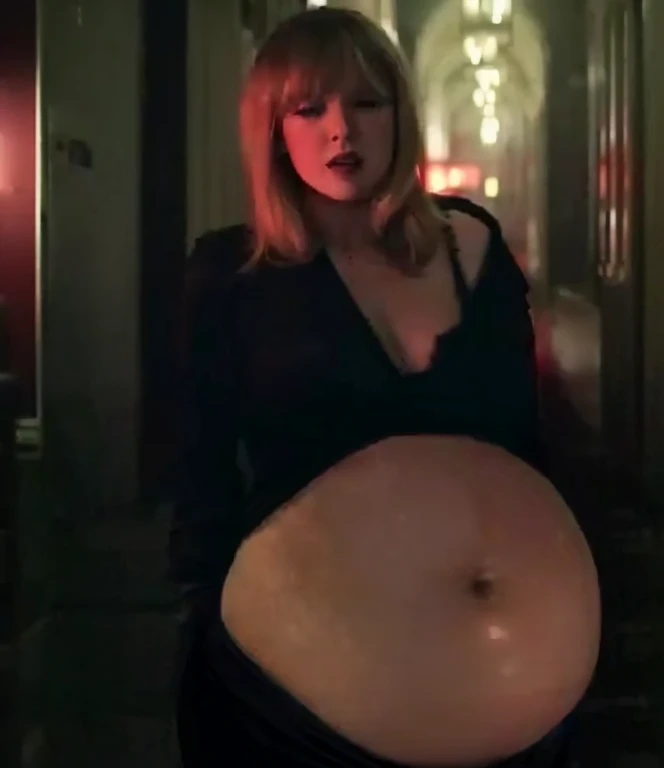 pregnant woman in black dress standing in hallway with red light, belly exposed, pregnant belly, her belly button is exposed, bloated belly, hips, seductive, vampire, blonde, bra, sks woman