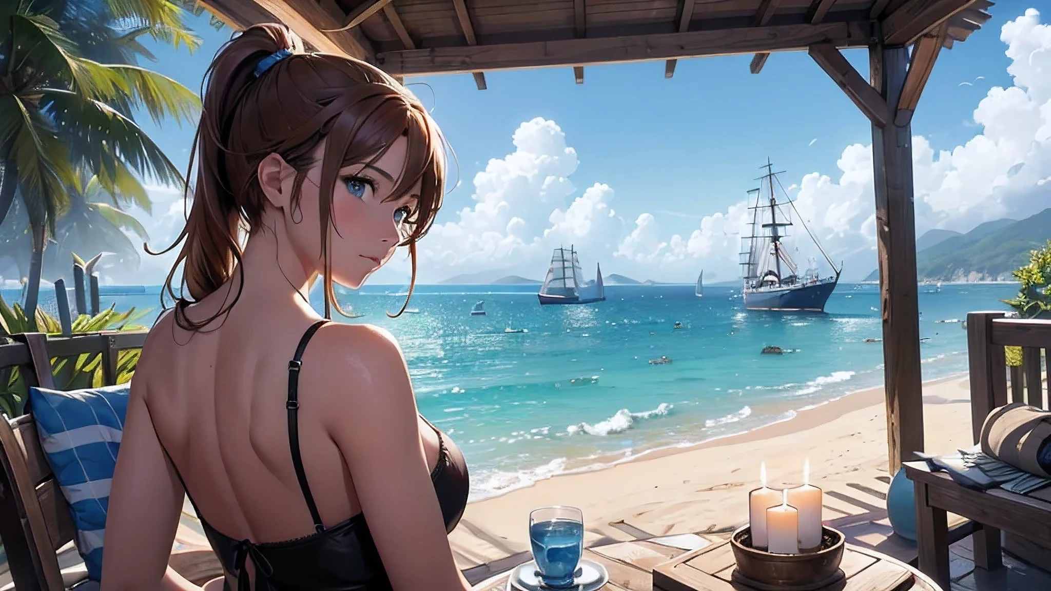 (8k, RAW foto, mejor calidad, (Obra maestra, super high quality, super detailed), anime style paisaje, chica joven, Absoluto, velas escarlatas, girl looking at the sea from the coast, camera looking at the sea, detalles intrincados, sailing ship with velas escarlatas, Una escena de una novela de Alexander Greene. "velas escarlatas" imagen de medio cuerpo, A beautiful women posing for a photograph in an alley, brown ponytail, golpes, risa feliz, blue eyes, Cuerpo magro musculoso, perfect anatomy, Looking to the camera, Time of the day, cielo azul, estilo animado, al aire libre, tendencia en artstation, Oh!, sakimichan muy sensual, con ropa original cuerpo entero, muy realista, extremadamente realista, extremadamente sexy, 8k, 8k extremadamente detallado), (un extremadamente delicado y hermoso), (obra maestra), (mejor calidad: 1.0), (ultra high resolution:1.0)