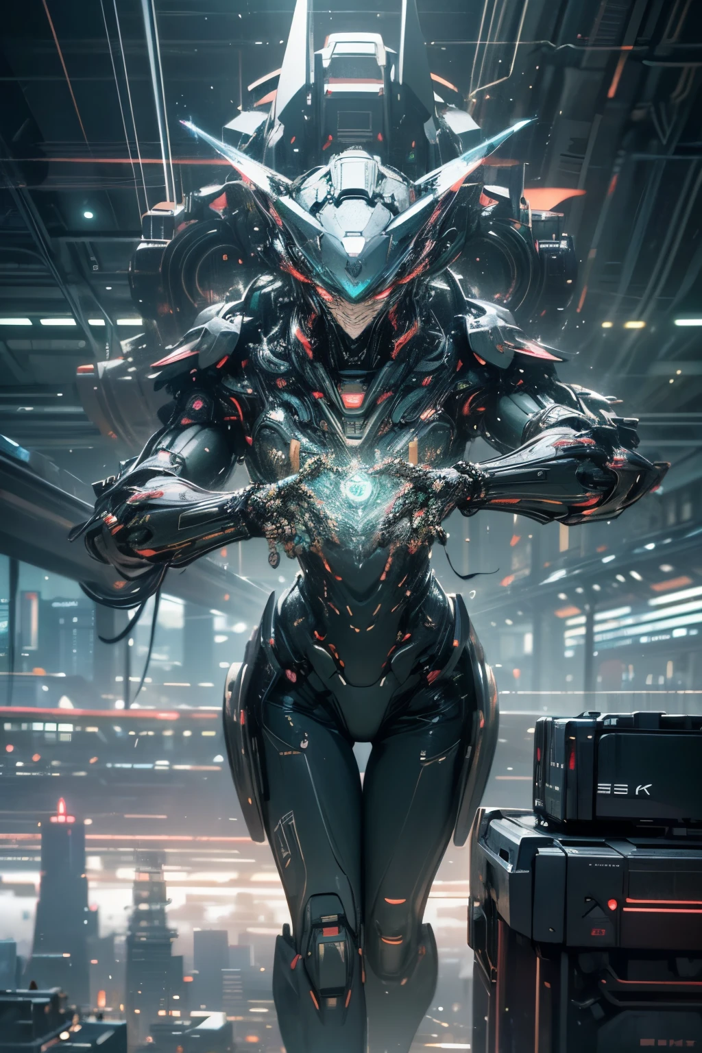 (best quality,4k,8k,highres,masterpiece:1.2),ultra-detailed,(realistic,photorealistic,photo-realistic:1.37),digital, cybernetic, futuristic, surreal, vibrant colors, glowing lights, powerful atmosphere, immersive, dreamlike, aesthetic, mysterious, cutting-edge technology, intricate circuitry, intricate details, surreal landscapes, machine-human fusion, large-scale machinery, mesmerizing, mind-bending, epic proportions, sentient beings, ethereal, interconnected, endless possibilities, captivating, transcendent, cyberpunk, virtual reality, dystopian, technological marvels, divine power, electrifying energy, otherworldly realms, dynamic composition, seamless integration, cyber deities, mechanical limbs, immersive experience, interconnected networks, infinite knowledge, technological evolution, neon-lit cityscapes, infinite creativity