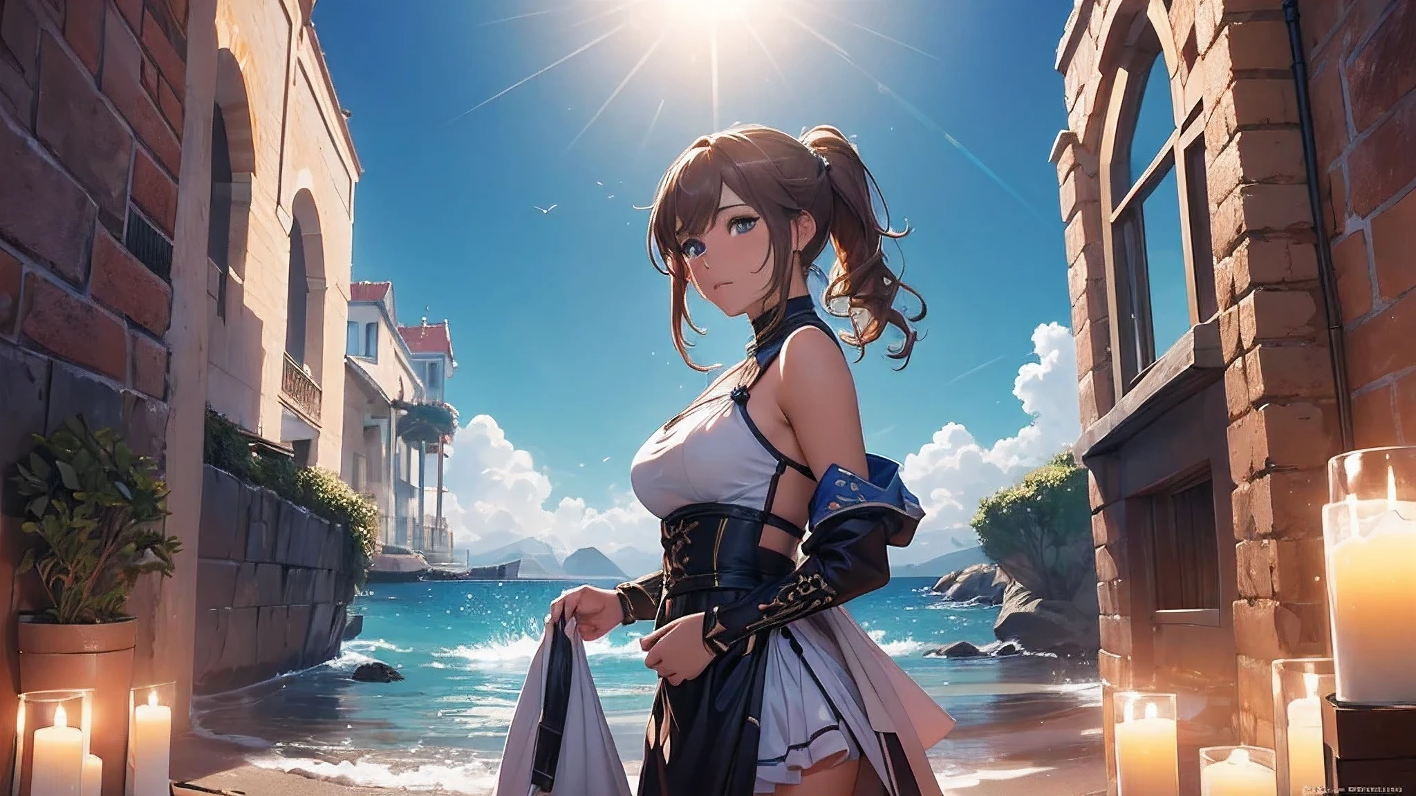 (8k, RAW foto, mejor calidad, (Obra maestra, super high quality, super detailed), anime style paisaje, chica joven, Absoluto, velas escarlatas, girl looking at the sea from the coast, camera looking at the sea, detalles intrincados, sailing ship with velas escarlatas, Una escena de una novela de Alexander Greene. "velas escarlatas" imagen de medio cuerpo, A beautiful women posing for a photograph in an alley, brown ponytail, golpes, risa feliz, blue eyes, Cuerpo magro musculoso, perfect anatomy, Looking to the camera, Time of the day, cielo azul, estilo animado, al aire libre, tendencia en artstation, Oh!, sakimichan muy sensual, con ropa original cuerpo entero, muy realista, extremadamente realista, extremadamente sexy, 8k, 8k extremadamente detallado), (un extremadamente delicado y hermoso), (obra maestra), (mejor calidad: 1.0), (ultra high resolution:1.0)