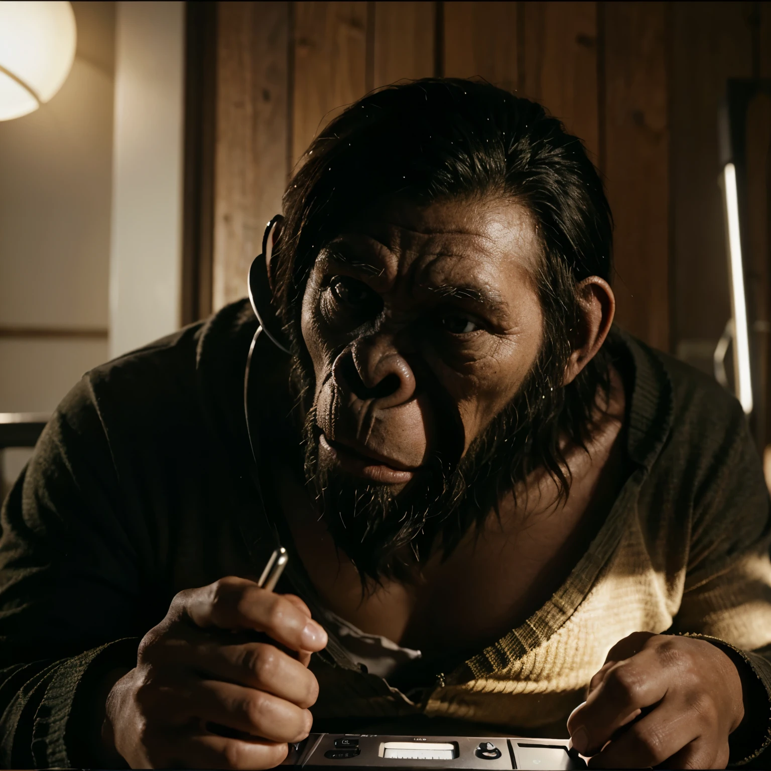 a gorilla takes a selfie, A Neanderthal. 1 chimpanzee, 1 gorilla, 1 baboon, 1 orangutan, A primitive monkey stares at a mobile phone. Enchanted in front of a mobile phone. He looks at it directly with suspicion and curiosity. Long dark beard hair, dark long hair. Idiotic expression. Soft lights. Draw faces, a group of primitive humans entranced, primitive humans enchanted, primitive humans fascinated, primitive humans intrigued, (a group of primitive men are entranced in front of a mobile phone, they look at it with suspicion and curiosity), super realistic, 8k, sharp focus, high detail, majestic photograph, Trending on CGSociety, Artstation, portrait, detailed messy black beard, portrait shot, Detailed skin, detailed faces, Natural Skin Texture, skin detail, WET skin, dirty skin, wet face, high contrast, realistic skin, skin pores, high contrast, realistic skin, skin pimples, intricate details, raw photo, lifelike rendering, immersive atmosphere, chiaroscuro