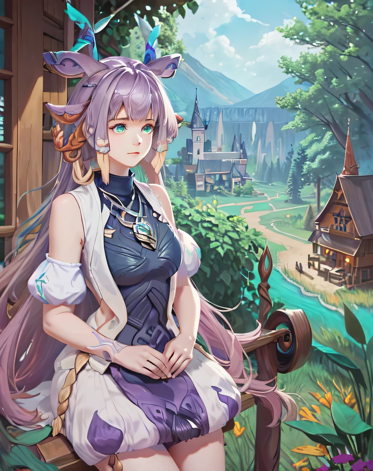 ((big breasts)), 1girl, solo, long hair, blue eyes, large breasts, dress, bare shoulders,  very long hair, purple hair, braid, sleeveless, turquoise necklace, horn, forest, magic world, trees, flowers, animals, dwarves' house, dream, deer, (masterpiece,best quality:1.5)