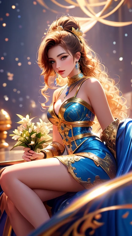 Beautiful princess in blue and gold corset and suit, Delicate face、Detailed eyes and face、double eyelid、Perfectly balanced face、majestic appearance, extremely detailed ArtJam, ArtJam. Attention to detail, ArtJam detailed, style ArtJam, ArtJam style, in style of ArtJam, Samira from League of Legends, Body shot of the goddess in the movie, style of ArtJam, alena aenami and ArtJam、CG Art、highest quality、Ultra-high resolution、masterpiece、8K、Ultra HD