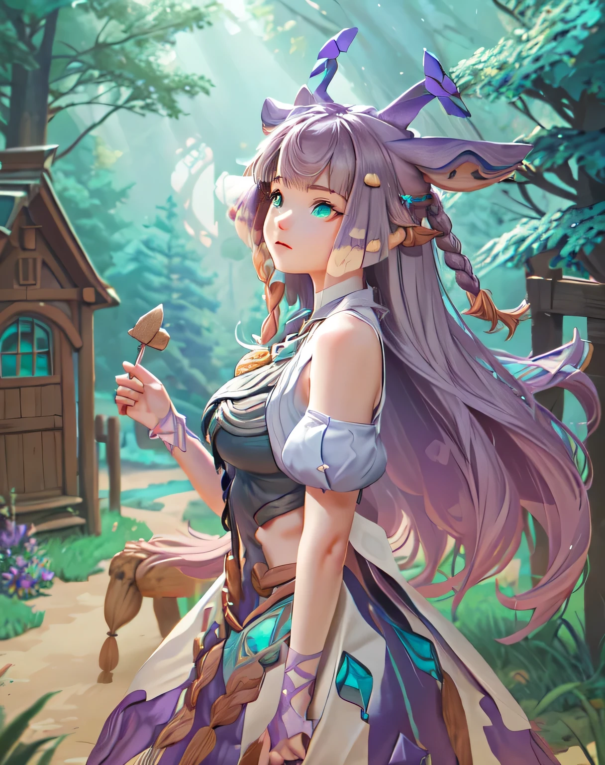 ((big breasts)), 1girl, solo, long hair, blue eyes, large breasts, dress, bare shoulders,  very long hair, purple hair, braid, sleeveless, turquoise necklace, horn, forest, magic world, trees, flowers, animals, dwarves' house, dream, deer, (masterpiece,best quality:1.5)