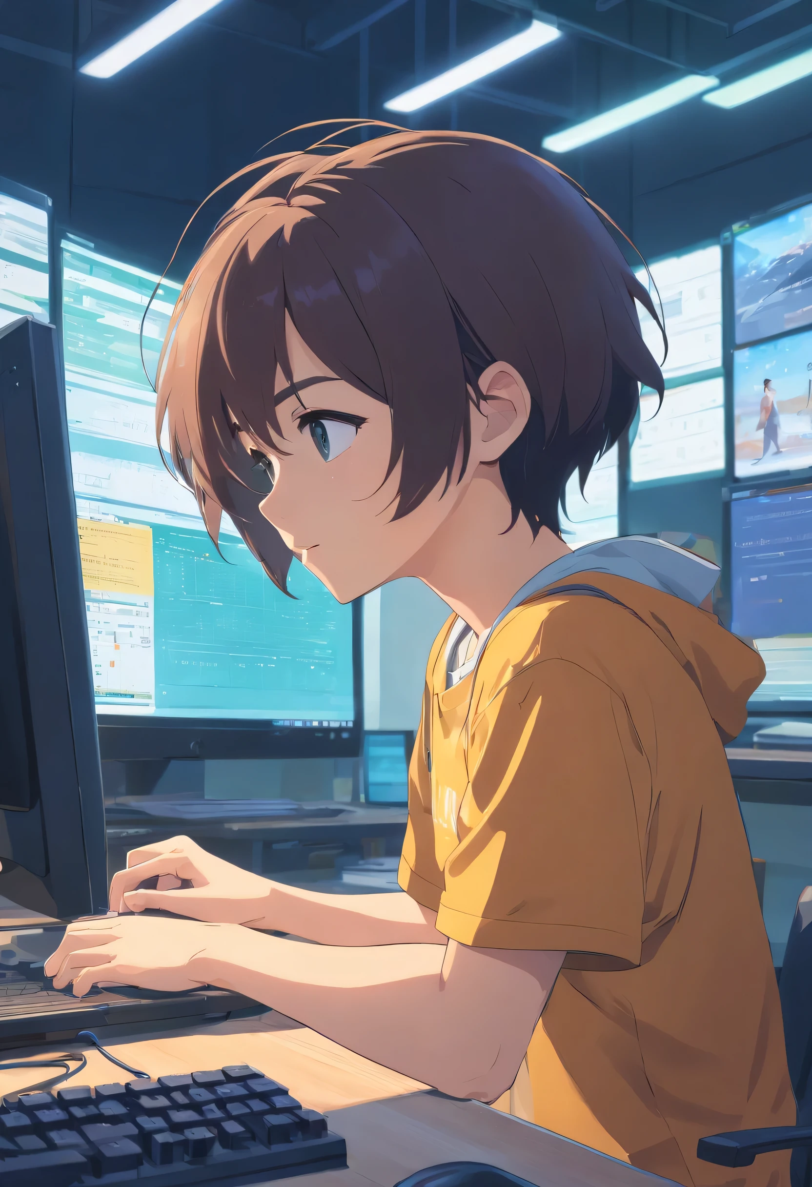 ((of the highest quality, in 8K, ​master piece),(A man in his 30s wearing a T-shirt), (age 30s),personal computers ,during daytime, Troubled expression, short dark hair, Shaved body, Show me your body, (High quality, Realistic image), Looking at the computer while working, Movie style, .