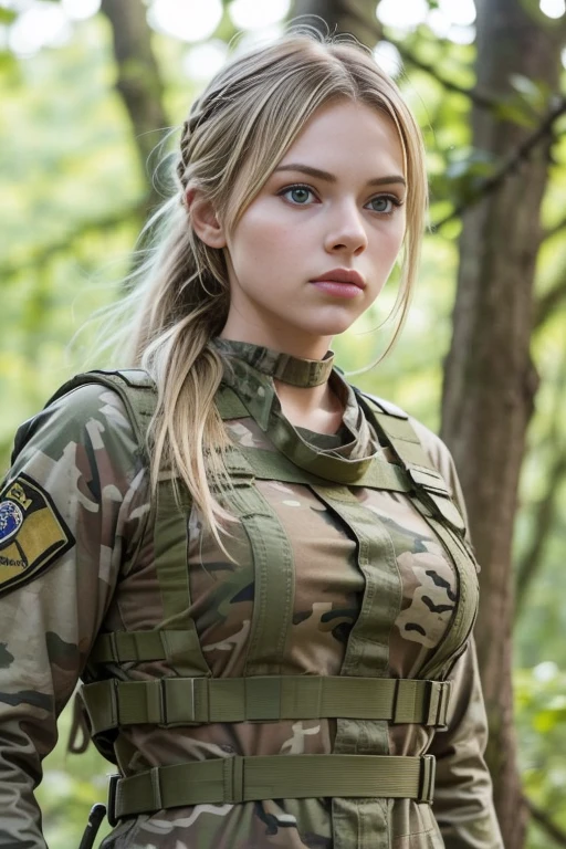 The image shows a young blonde with a beautiful, perfect face, tied-up hair and emo bangs falling over one eye, and vibrant blue eyes that highlight her perfect white skin. She has a thin nose, thin chin and her slender body is displayed in its entirety. The young woman is wearing a camouflage military outfit, indicating that she is on a mission or training in a dense forest. Her face and body are dirty, showing the effort and dedication to her task. She also wears camouflage makeup to blend in with her surroundings. Despite the dirt on her face and body, the young woman displays a confident and confident posture, ready to face the challenges of the hostile environment. She appears to be a skilled and competent soldier, trained to adapt and survive in demanding environments.