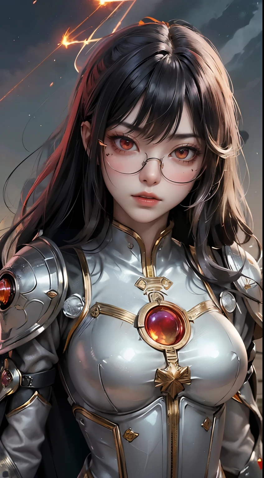 "(highest quality: 1.2), masterpiece, extremely detailed 8k uhd, ((Official Art)), CG, 1 Ultra-Detailed Goddess of War, A temple in the ruins of a ruined empire々Standing Up Together, (Dynamic posture: 1.3), Dense armor reveals the heart of the conflict, (Finer details), Shine光, Places with strong light, (armor of historical importance:1.2), Shine金属の鎧, (鎧にShine魔法のシンボル:1.3), (There was magic all around her.:1.3), Long black hair waving in the wind in every detail, Detailed Weapon Holding, (Sharp Sword, Shine:1.3), 決意とビジョンに満ち溢れたShine瞳, ((Silver Armor)), Ultra-detailed shield with a symbol of steadfastness, (intense expression:1.1), (After her, A new empire is soaring into the sky: 1.4), (Light is、Emphasize her domination and rebirth behind the scenes:1.4), (Fiery red flags fluttered:1.1), (The wind carries whispers of a new beginning:1.1), (wisdom and rebirth:1.2), (Strong stance:1.2), (Overwhelming Mystical Power:1.2), alone, (Shine汗:1.1), Gem Armor, (Silver and gold contrast:1.3), (The overall red color covers the scenery:1.4)"