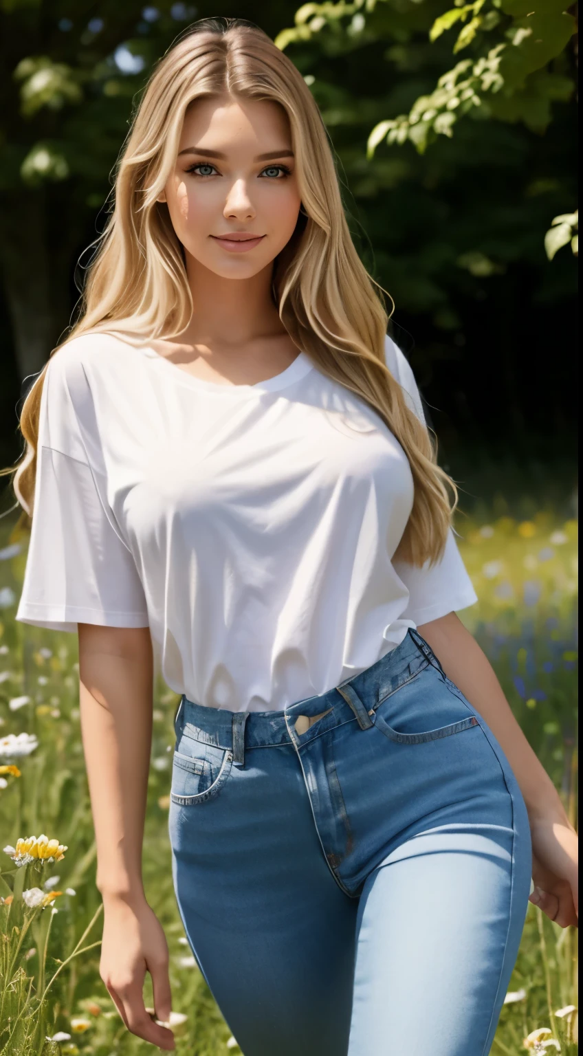 Foto hiperrealista en primer plano de Emily Sears , masterpiece, best quality, (photorealistic:1.4), full body, (white oversize male t-shirt:1.1), (blue jeans:1.2), woking on the flowery meadow, summer day, cinematic light, beautiful woman, skinny, large breastsr, straight blond hair, detailed face, smile, photo taken from a distance