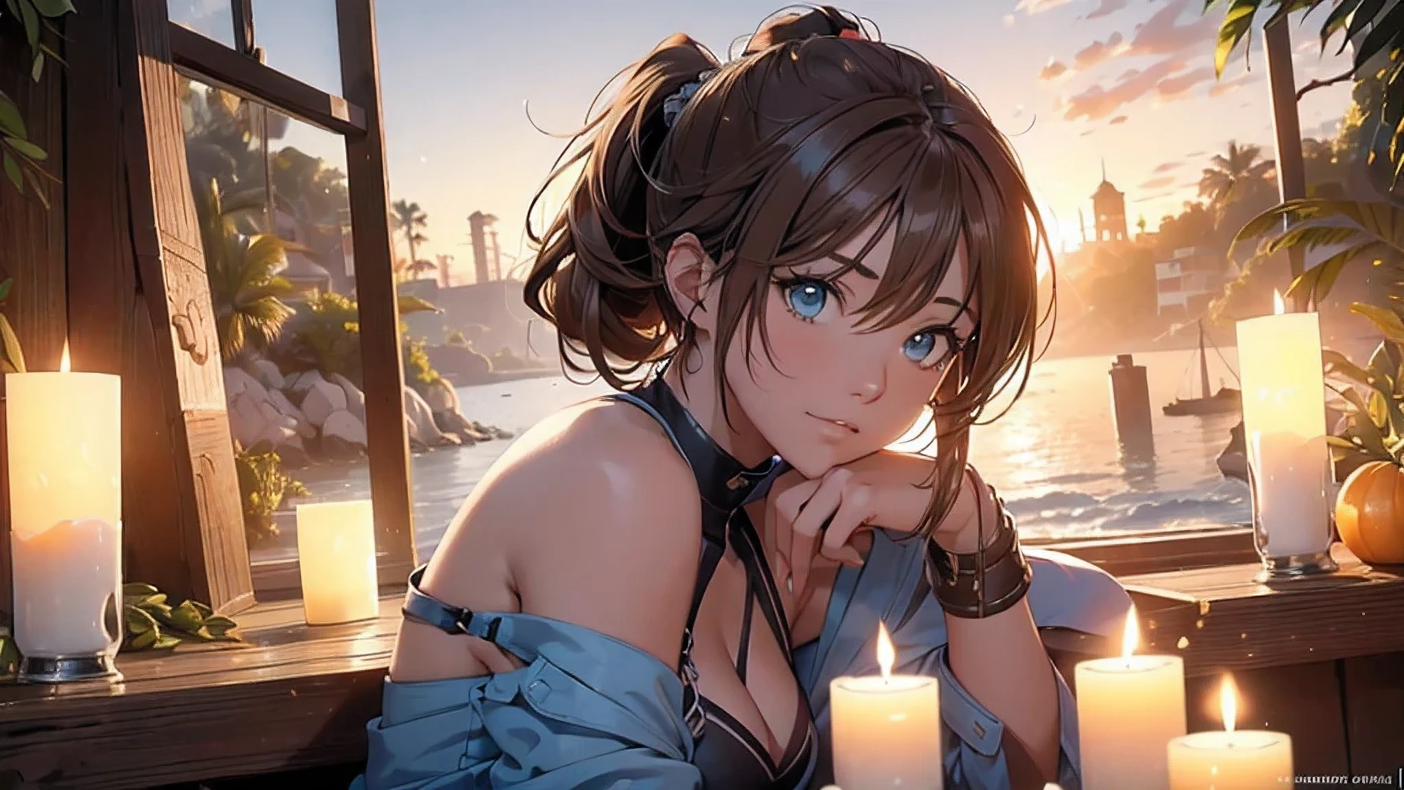 (8k, RAW foto, mejor calidad, (Obra maestra, super high quality, super detailed), anime style paisaje, chica joven, Absoluto, velas escarlatas, girl looking at the sea from the coast, camera looking at the sea, detalles intrincados, sailing ship with velas escarlatas, Una escena de una novela de Alexander Greene. "velas escarlatas" imagen de medio cuerpo, A beautiful women posing for a photograph in an alley, brown ponytail, golpes, risa feliz, blue eyes, Cuerpo magro musculoso, perfect anatomy, Looking to the camera, Time of the day, cielo azul, estilo animado, al aire libre, tendencia en artstation, Oh!, sakimichan muy sensual, con ropa original cuerpo entero, muy realista, extremadamente realista, extremadamente sexy, 8k, 8k extremadamente detallado), (un extremadamente delicado y hermoso), (obra maestra), (mejor calidad: 1.0), (ultra high resolution:1.0)