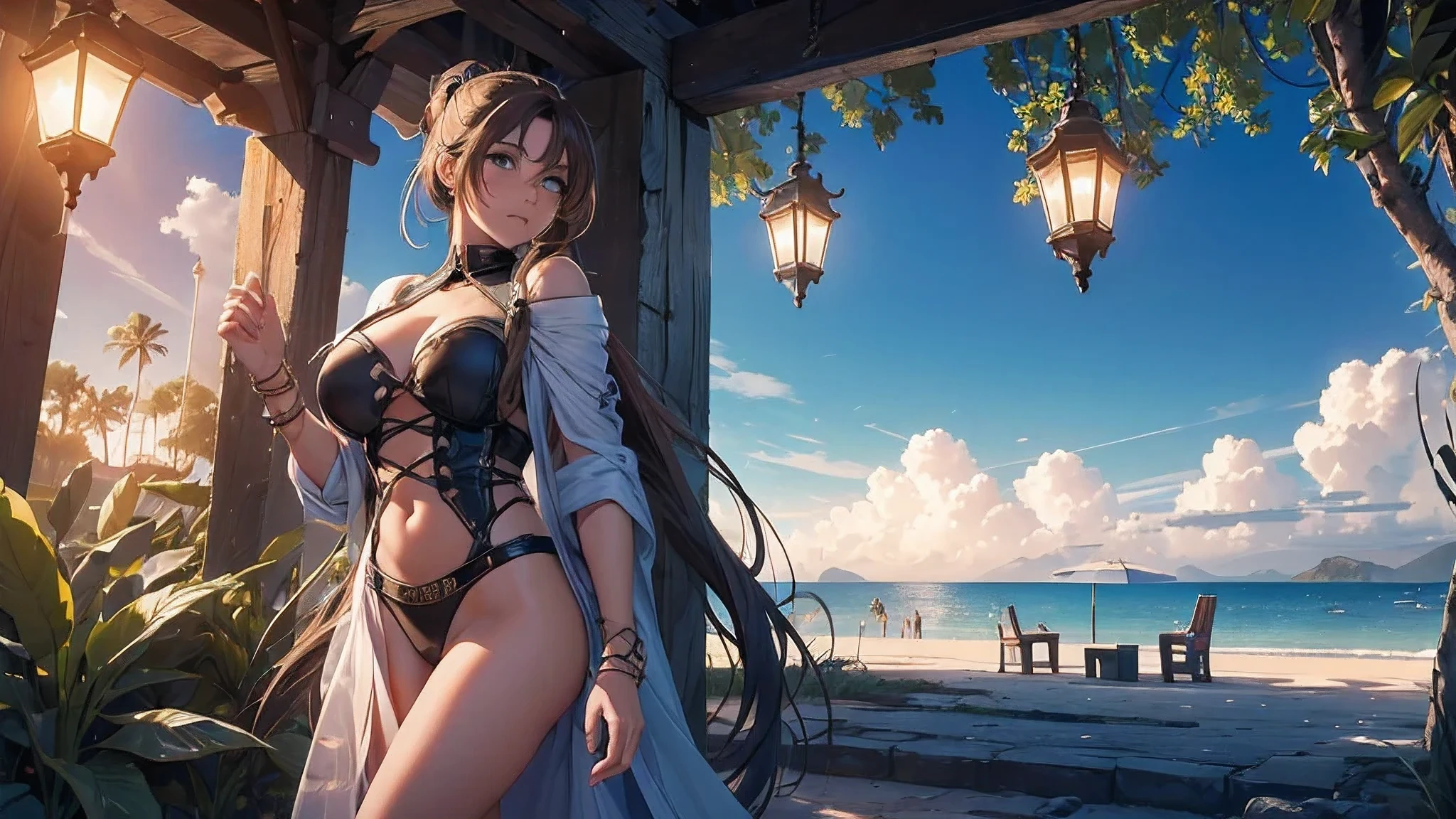 (8k, RAW foto, mejor calidad, (Obra maestra, super high quality, super detailed), anime style paisaje, chica joven, Absoluto, velas escarlatas, girl looking at the sea from the coast, camera looking at the sea, detalles intrincados, sailing ship with velas escarlatas, Una escena de una novela de Alexander Greene. "velas escarlatas" imagen de medio cuerpo, A beautiful women posing for a photograph in an alley, brown ponytail, golpes, risa feliz, blue eyes, Cuerpo magro musculoso, perfect anatomy, Looking to the camera, Time of the day, cielo azul, estilo animado, al aire libre, tendencia en artstation, Oh!, sakimichan muy sensual, con ropa original cuerpo entero, muy realista, extremadamente realista, extremadamente sexy, 8k, 8k extremadamente detallado), (un extremadamente delicado y hermoso), (obra maestra), (mejor calidad: 1.0), (ultra high resolution:1.0)
