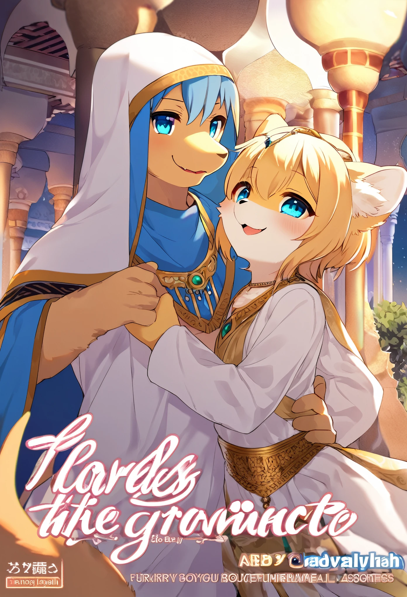 doujinshi cover_page, highres, top quality, best quality, paid reward available, unparalleled masterpiece, perfect artwork, absurdres, High-quality illustrations, super high resolution, detailed background, perfect ???????(1girl, 1boy, couple, kemono, furry anthro, fearless smile, Arab national costume, love romance)The Arabian Nights, Alf Laylah wa Laylah,