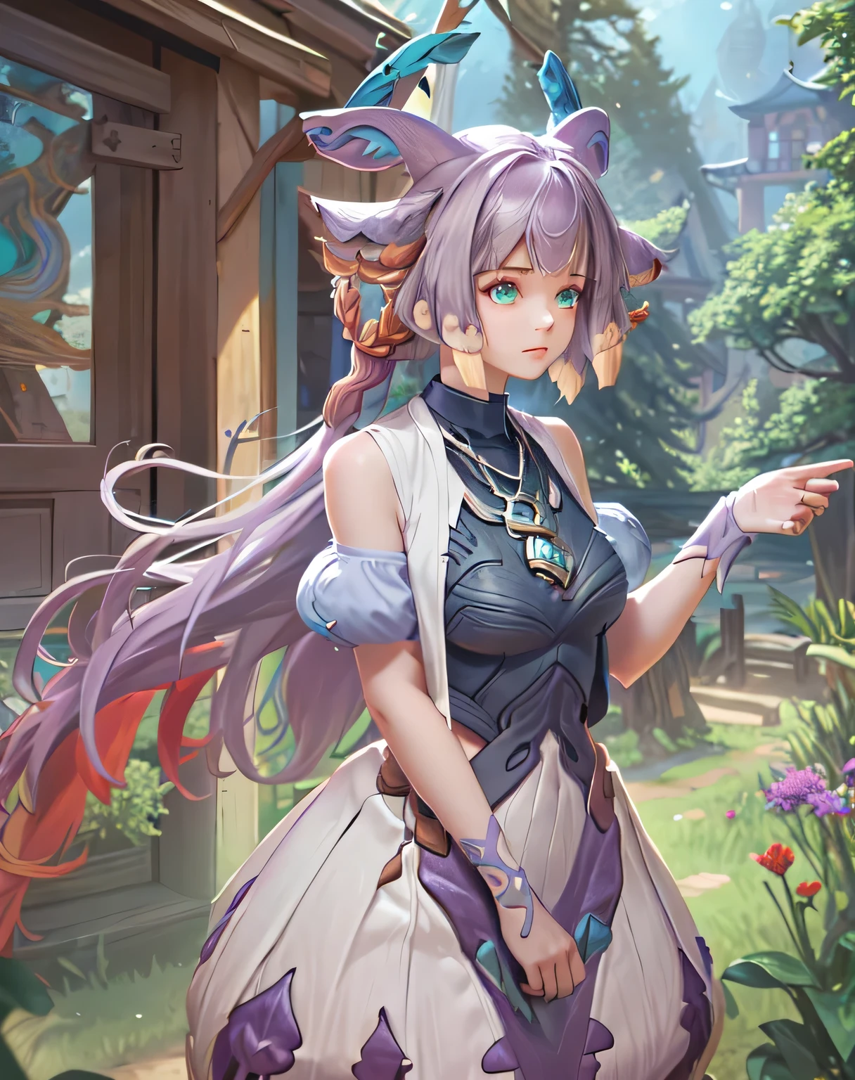 ((big breasts)), 1girl, solo, long hair, blue eye, large breasts, dress, bare shoulders,  very long hair, purple hair, braid, sleeveless, turquoise necklace, horn, forest, magic world, trees, flowers, animals, dwarves' house, dream, deer, (masterpiece,best quality:1.5)