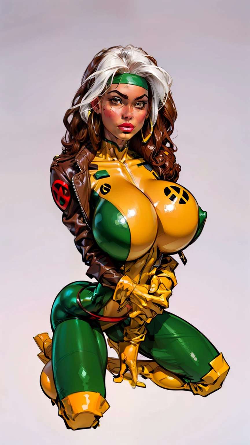 (Heidi klum:1.2), (curly hair), ((masterpiece)),(((best quality))),((portrait)), ((rogue)), x-men superhero, (perfect anatomy), ((full body view)) mature face, (brown and white hair),((spandex:1.4)), (((biker jacket))), defined cheekbones, high cheekbones, (voluminous hair), illustration, muscular, sexy bimbo, (gigantic breasts:1.7) white hair bangs, ((detailed face:1.4)) ((official artwork)), clean lineart, beautiful woman, (Caucasian:1.4) (white skin:1.4) , (red lipstick:1.4), shiny skin, (puffy lips:1.4) , pose, 8k,16k, (simple background, white background: 1.3) ((white and green palette)), ((cyberpunk aesthetic))