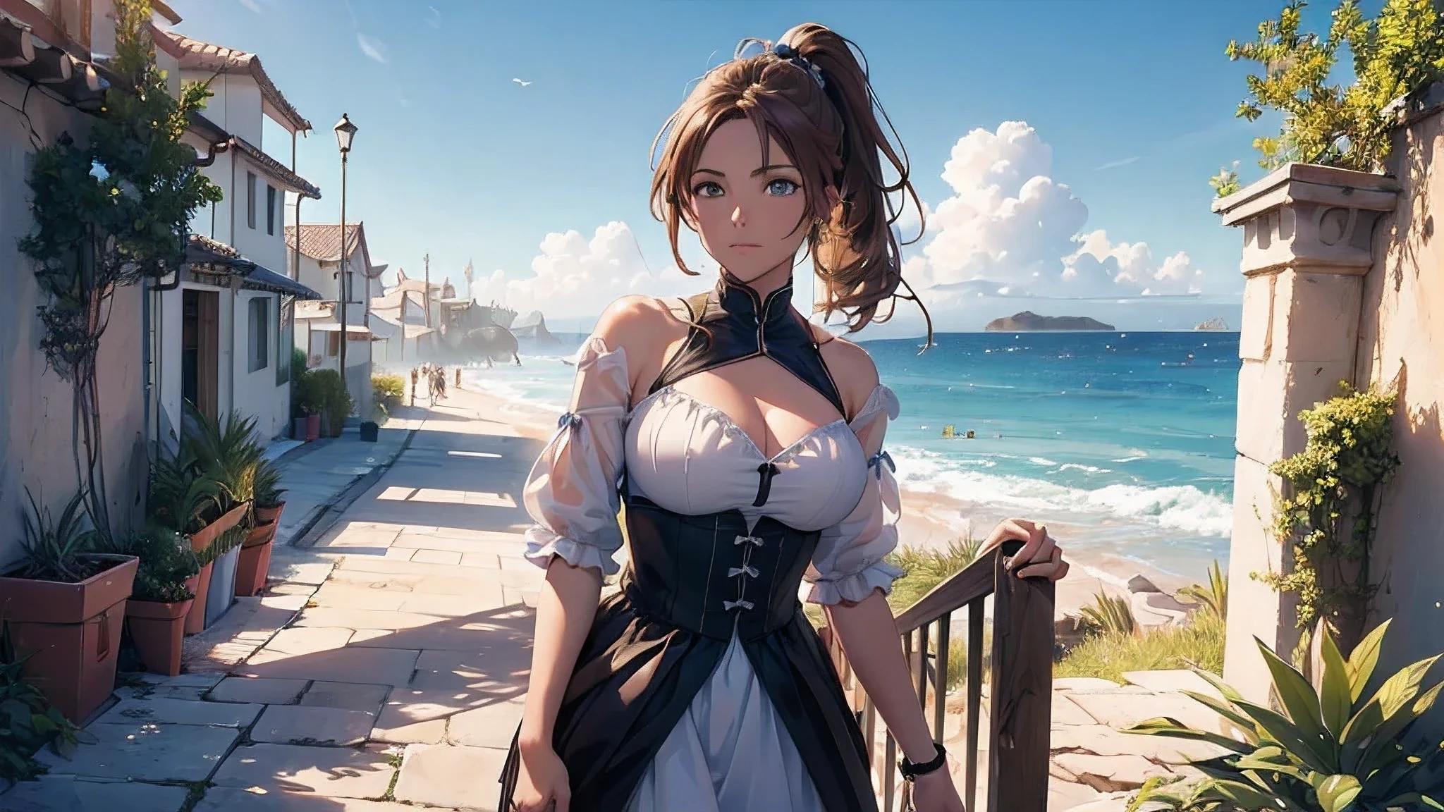 (8k, RAW foto, mejor calidad, (Obra maestra, super high quality, super detailed), anime style paisaje, chica joven, Absoluto, velas escarlatas, girl looking at the sea from the coast, camera looking at the sea, detalles intrincados, sailing ship with velas escarlatas, Una escena de una novela de Alexander Greene. "velas escarlatas" imagen de medio cuerpo, A beautiful women posing for a photograph in an alley, brown ponytail, golpes, risa feliz, blue eyes, Cuerpo magro musculoso, perfect anatomy, Looking to the camera, Time of the day, cielo azul, estilo animado, al aire libre, tendencia en artstation, Oh!, sakimichan muy sensual, con ropa original cuerpo entero, muy realista, extremadamente realista, extremadamente sexy, 8k, 8k extremadamente detallado), (un extremadamente delicado y hermoso), (obra maestra), (mejor calidad: 1.0), (ultra high resolution:1.0)