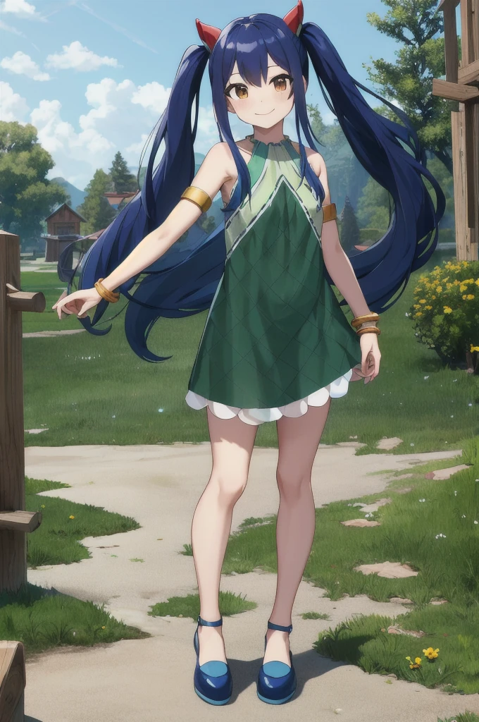 masterpiece, best quality, highres, aawendy, long hair, twintails, hair ornament, bare shoulders, green dress, sleeveless dress, armlet, bracelet, outdoors, standing, cowboy shot, smile,looking_at_viewer ,back veiw, blue shoes 