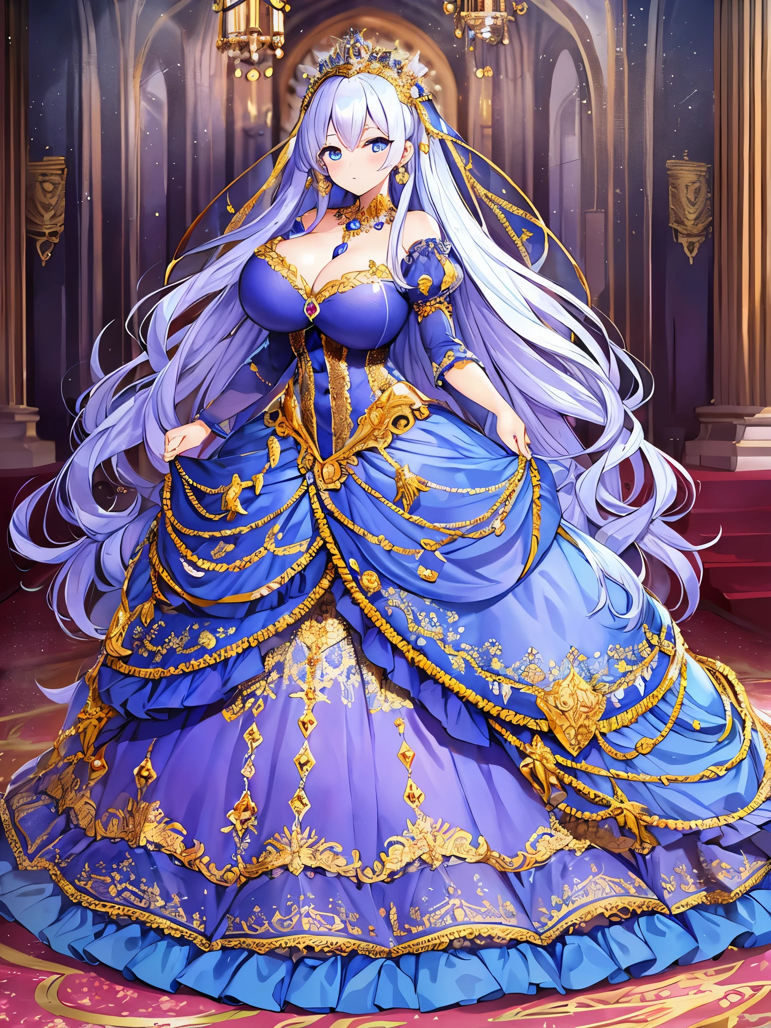 ((moe anime artstyle)),((Masterpiece)),(Best Quality), (Super Detail),((Very Delicate and Beautiful)),Solo,full body,((full body)),((1 bling-bling royal princess in beautiful embroidery and jeweled gorgeous rococo princess ballgown with voluminous full length hoop skirt)),((((absurdly gigantic tits)))),(((cleavage,curvy))),Skindentation,detailed face and eyes,jewel-like eyes,((in the royal palace)),((crinoline,long train)),gorgeous rococo princess ballgown with voluminous full length hoop skirt and long train,(((bling-bling gorgeous rococo princess ballgown with beautiful embroidery and jeweled))),((large amount of straight hair, absurdly long hair,Very Long Straight Hair)),extremely gorgeousfull hair ornament,(bling-bling extremely gorgeous jeweled tiara),luxurious jewelry,full body,((beautiful embroidery and jeweled gorgeous rococo princess ballgown with voluminous full length hoop skirt))
