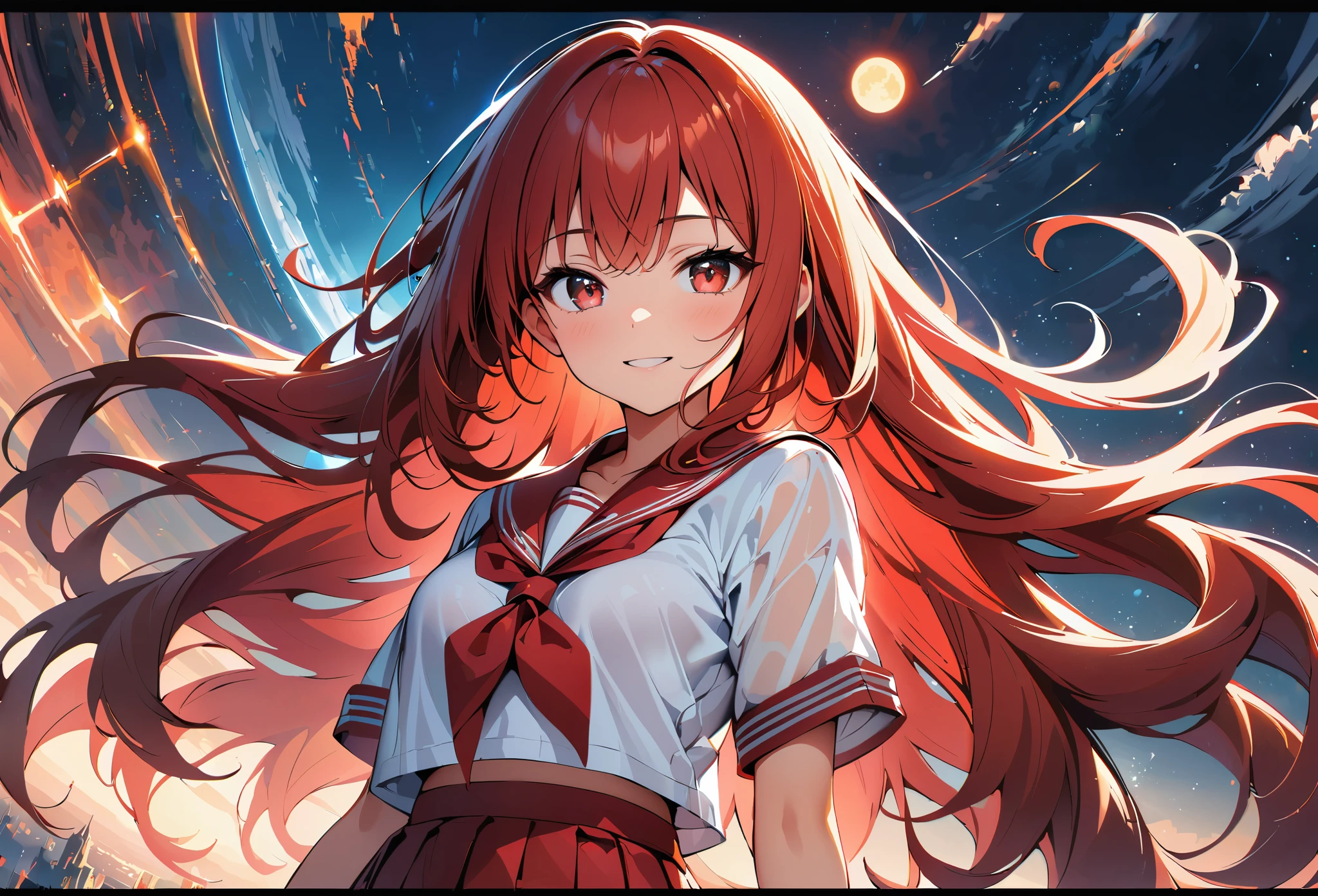 (high quality, 8k, 4k, high contrast, masterpiece:1.2, best quality, best aesthetics), (dynamic angle), Super detailed, ((fantasy:1.2, Light Effects)), Depth of the bounds written, HDR, very detailed, space background, high detail, Sun reflecting the moon, sailor suit, (See-through:1.3), sailor dress, red theme, looking at the viewer, Insanity, messy long hair, detailed and beautiful eyes, hair shines, elevation angle, red sailor collar, light smile,