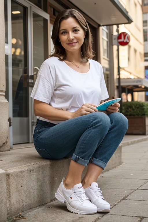 middle aged mother advertising shoes