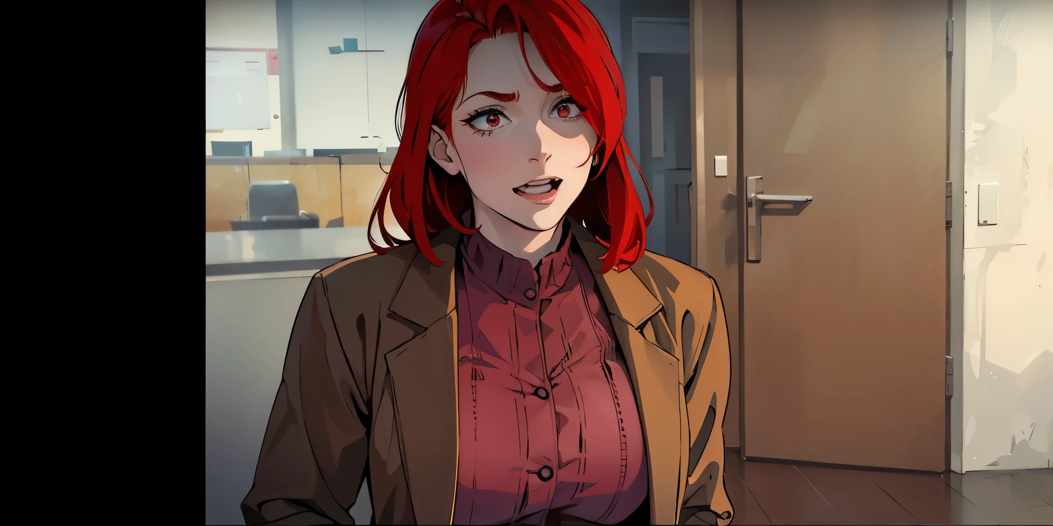 evil 30 year old woman red hair red hair she is surprised she has doubts she asks questions
