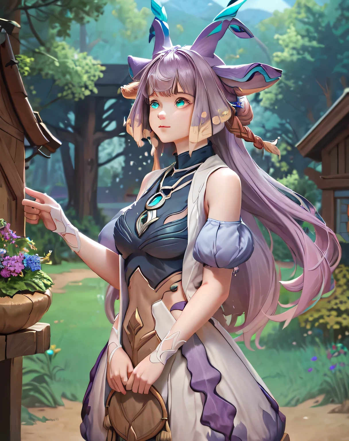 ((big breasts)), 1girl, solo, long hair, blue eye, large breasts, dress, bare shoulders,  very long hair, purple hair, braid, sleeveless, turquoise necklace, horn, forest, magic world, trees, flowers, animals, dwarves' house, dream, deer, (masterpiece,best quality:1.5)