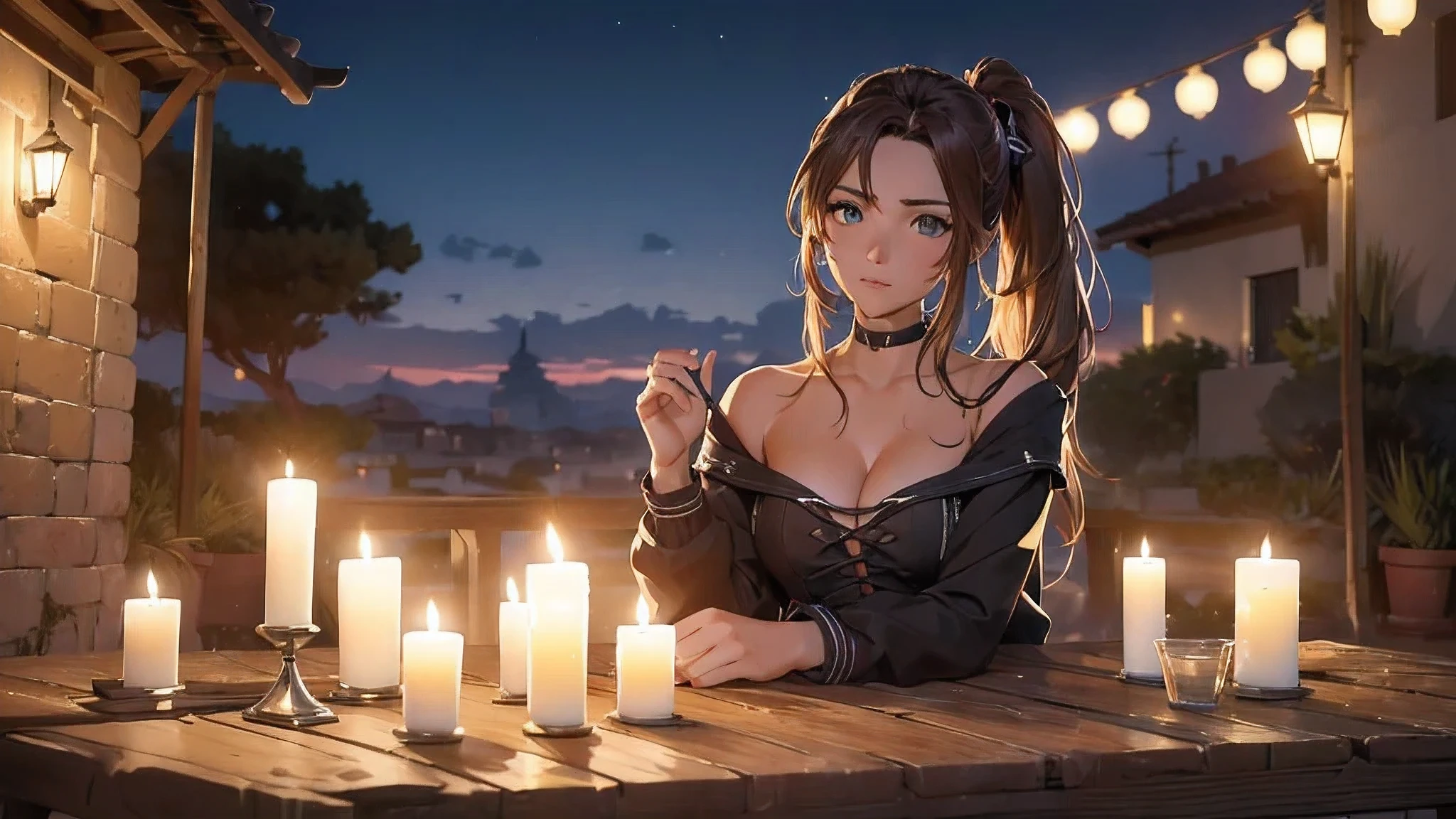 (8k, RAW foto, mejor calidad, (Obra maestra, super high quality, super detailed), anime style paisaje, chica joven, Absoluto, velas escarlatas, girl looking at the sea from the coast, camera looking at the sea, detalles intrincados, sailing ship with velas escarlatas, Una escena de una novela de Alexander Greene. "velas escarlatas" imagen de medio cuerpo, A beautiful women posing for a photograph in an alley, brown ponytail, golpes, risa feliz, blue eyes, Cuerpo magro musculoso, perfect anatomy, Looking to the camera, Time of the day, cielo azul, estilo animado, al aire libre, tendencia en artstation, Oh!, sakimichan muy sensual, con ropa original cuerpo entero, muy realista, extremadamente realista, extremadamente sexy, 8k, 8k extremadamente detallado), (un extremadamente delicado y hermoso), (obra maestra), (mejor calidad: 1.0), (ultra high resolution:1.0)