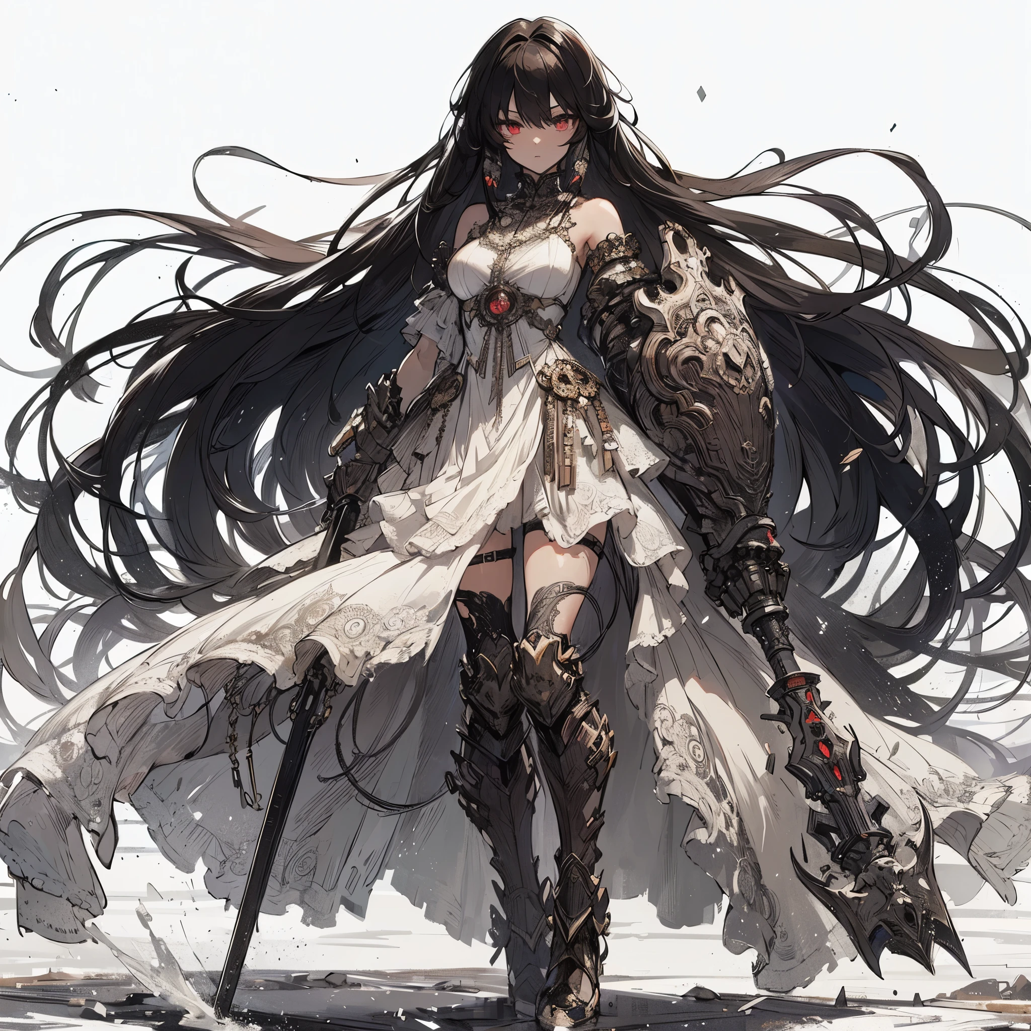 (Masterpiece, top quality), (detailed hair), super detailed, anime style, full body, solo, concept art, Cyberpunk fighter girl, very long black hair, dark brown skin, red eyes, wearing ornate white dress, rugged knight gauntlets, Roman gladiator-like sandals, white background, whole body, standing in wasteland,
