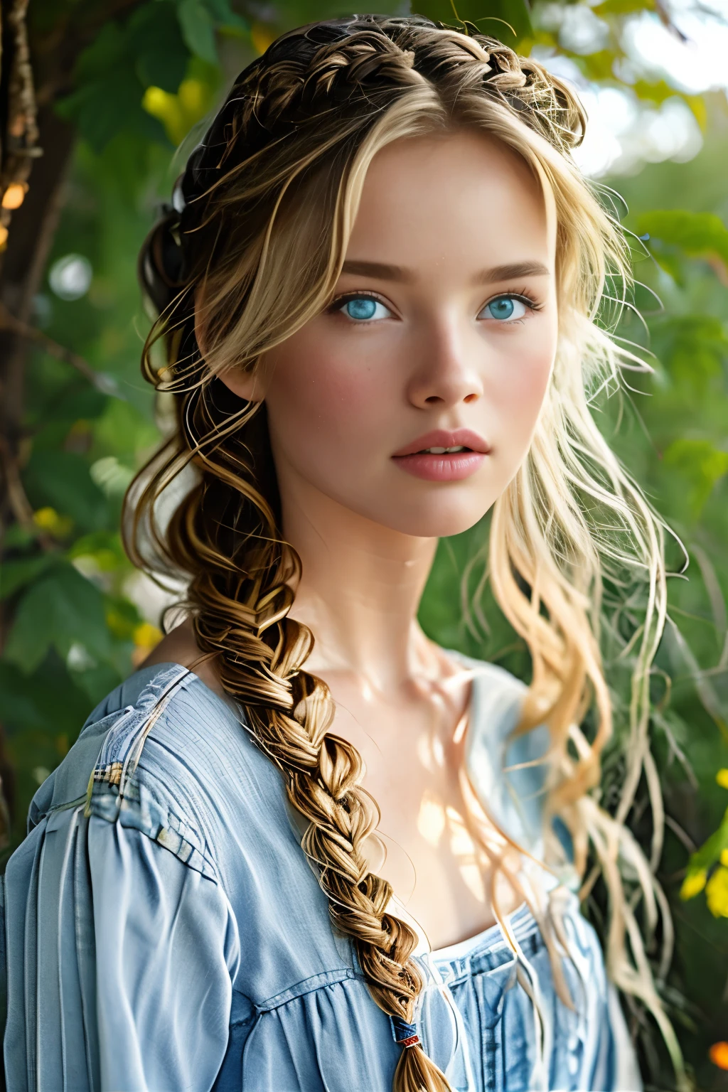 1girl,solo,long hair,looking at viewer,blue eyes,blonde hair,simple background,dress,closed mouth,upper body,braid,puffy sleeves,grey background,white dress,from side,lips,eyelashes,hair over shoulder,realistic,nose