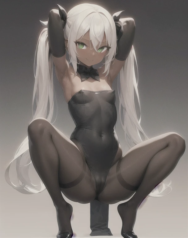 1 girl, dark skin:1.8, long eyelashes, green eyes, long hair, blonde hair:1.2, twin tails hairstyle, cute smile, shy face, thick legs, skinny girl, small breasts, bodystocking:1.8, sleeveless bodystocking:1.6, pantyhose:1.8, spread legs:1.4, flat shoes:1.4, show nipples:1.2, hands behind head:1.2, flat shoes:1.8, strapless shoes:1.4, no scenery:1.6, full body:1.8, head to toes, soft lighting