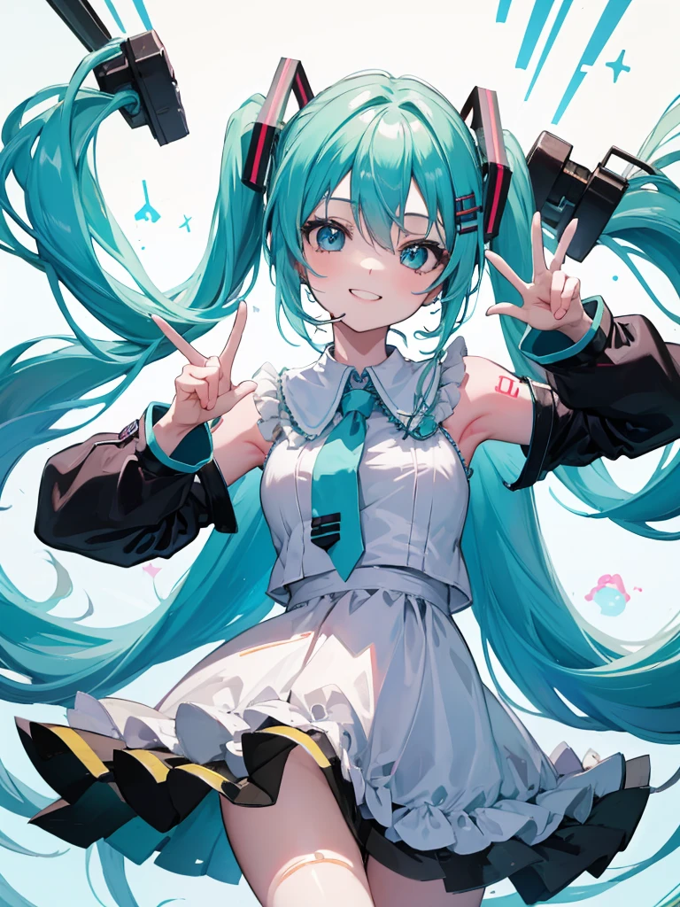 ((best quality)), 1girl, Hatsune Miku, lollipop, super happy, mouth open smile, peace sign hands, hands on eyes, arms up, starbeam background, hard lighting, super smile,, pigtails