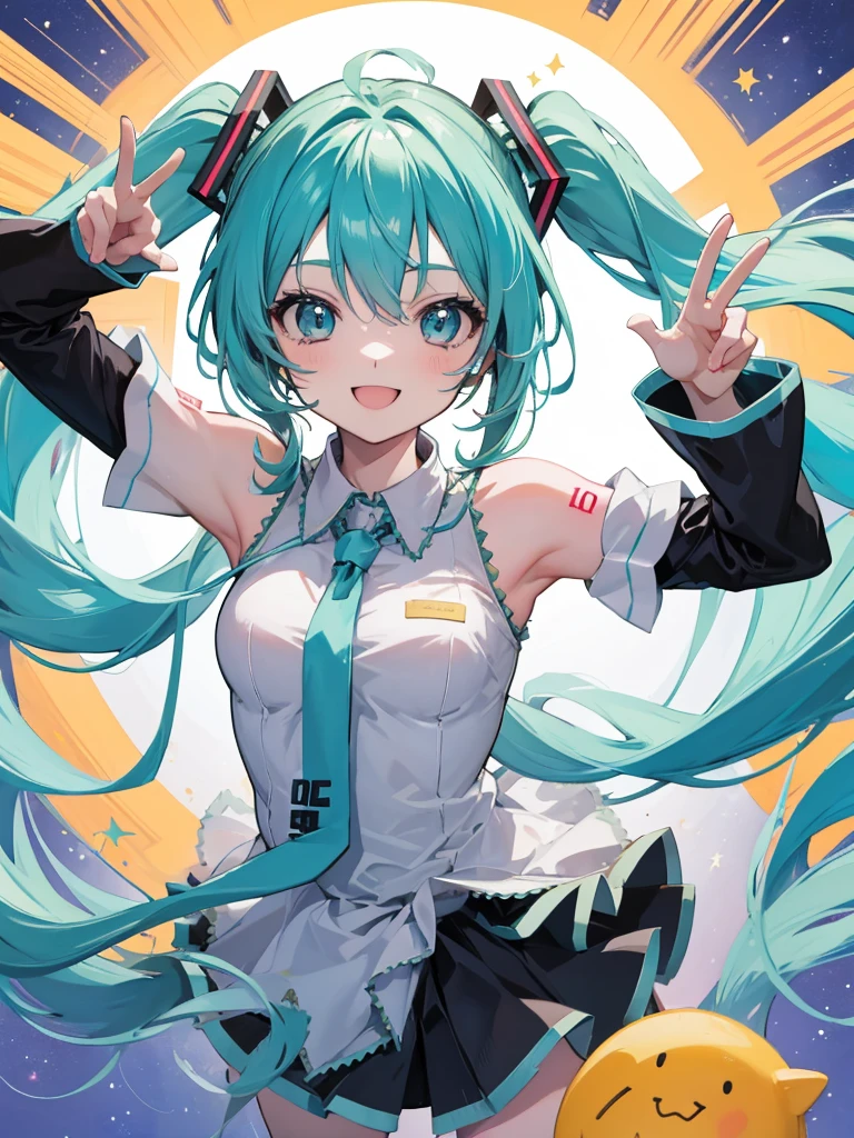 ((best quality)), 1girl, Hatsune Miku, lollipop, super happy, mouth open smile, peace sign hands, hands on eyes, arms up, starbeam background, hard lighting, super smile,, pigtails