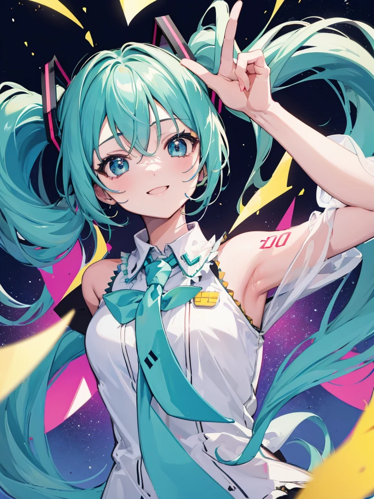 ((best quality)), 1girl, Hatsune Miku, lollipop, super happy, mouth open smile, peace sign hands, hands on eyes, arms up, starbeam background, hard lighting, super smile,, pigtails