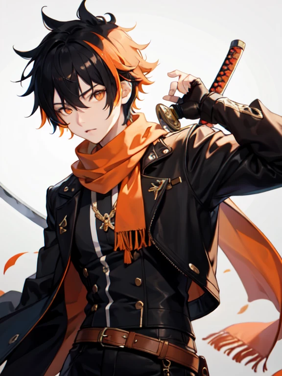 (masterpiece), best quality, expressive eyes, perfect face, 1boy, Multicolored Hair, orange hair, black hair, mohawk, mask, orange eyes, orange scarf, katana, holding_weapon, jacket, fingerless gloves, belt