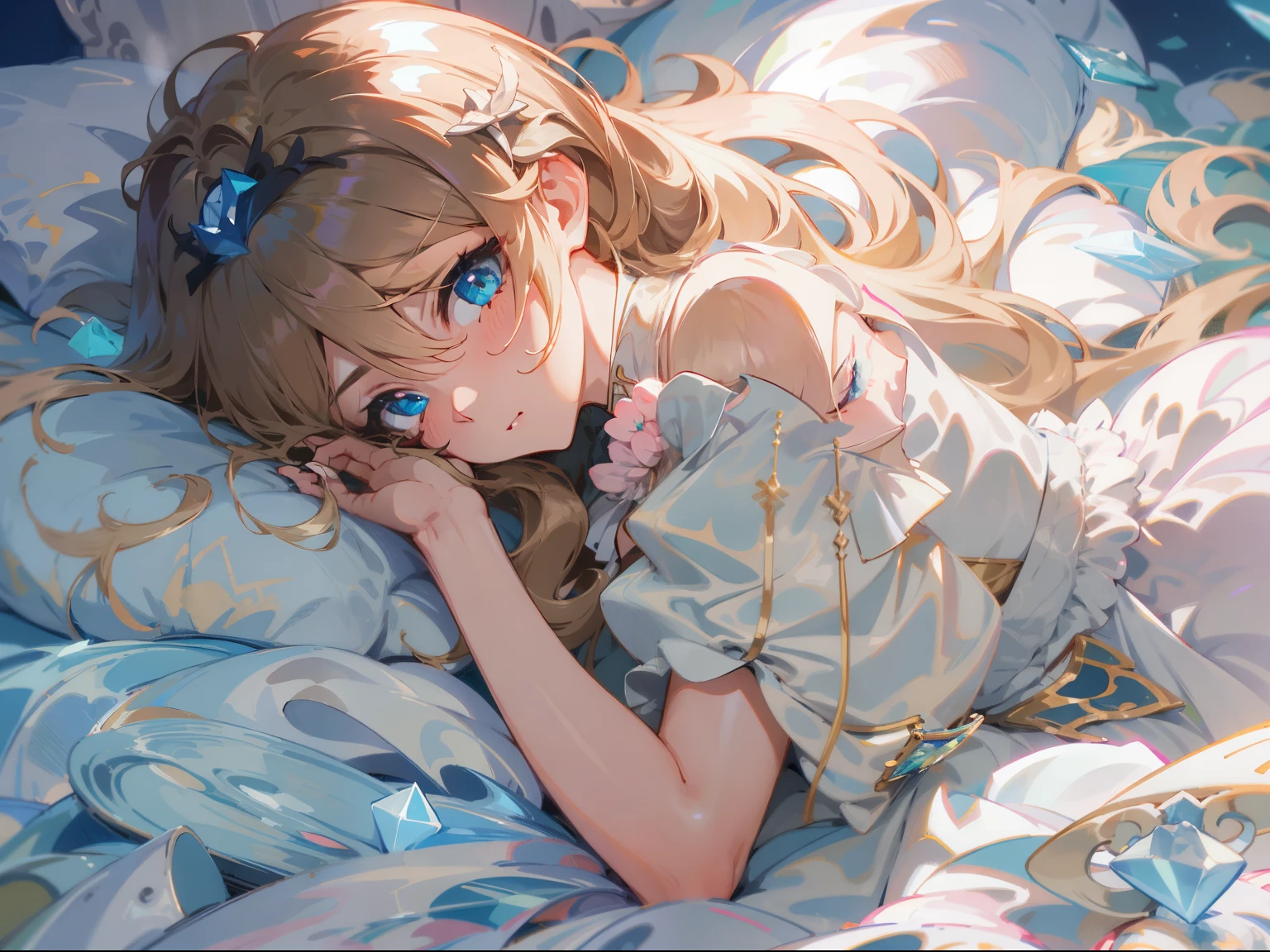 girl with long light brown hair tied into a low ponytail and a white dress laying on a bed, one eye covered by bangs, beautiful crystal blue eyes, goddess of sleep, anime fantasy illustration, a beautiful artwork illustration, dreamy psychedelic anime, soft anime illustration, digital art on pixiv, ethereal anime, dreamy illustration, guweiz, beautiful anime artwork, dreampunk romanticism artwork, ethereal fantasy, detailed digital anime art