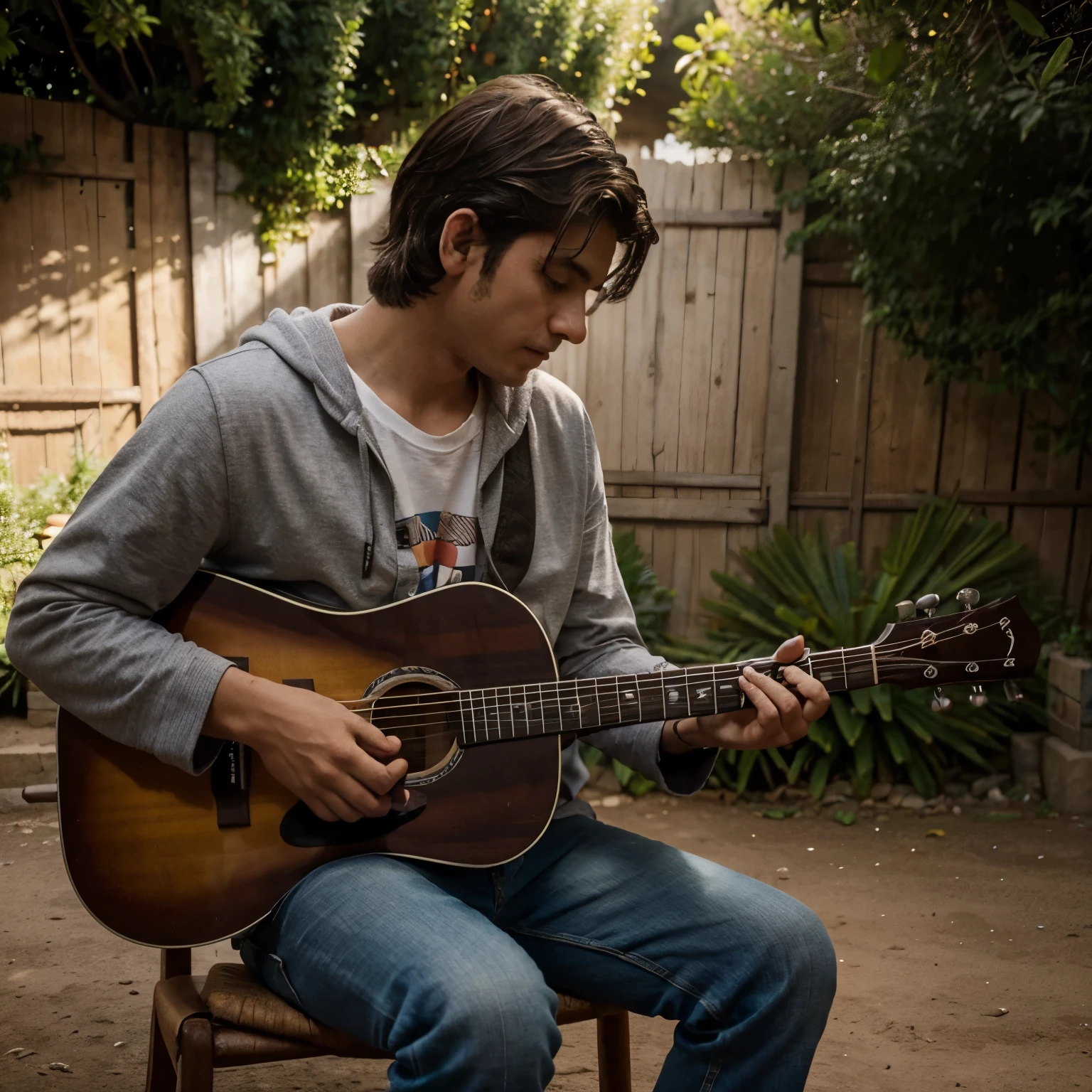 Un chico tocando la guitarra en un pueblo rodeado de no mucha gente de referencia que el lugar se vea como un parque y que le chico no se le distinga la cara y que sea de noche 