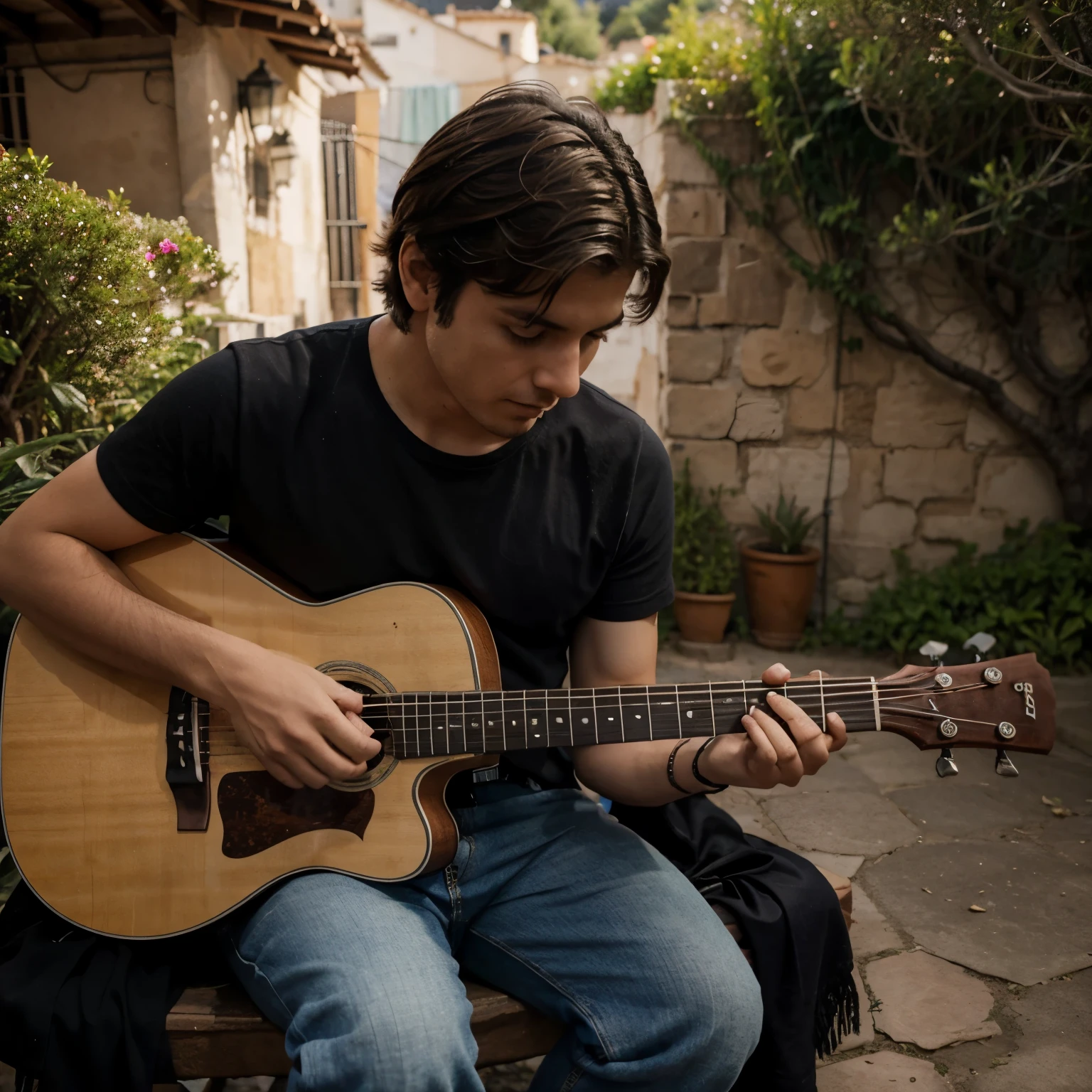 Un chico tocando la guitarra en un pueblo rodeado de no mucha gente de referencia que el lugar se vea como un parque y que le chico no se le distinga la cara y que sea de noche 