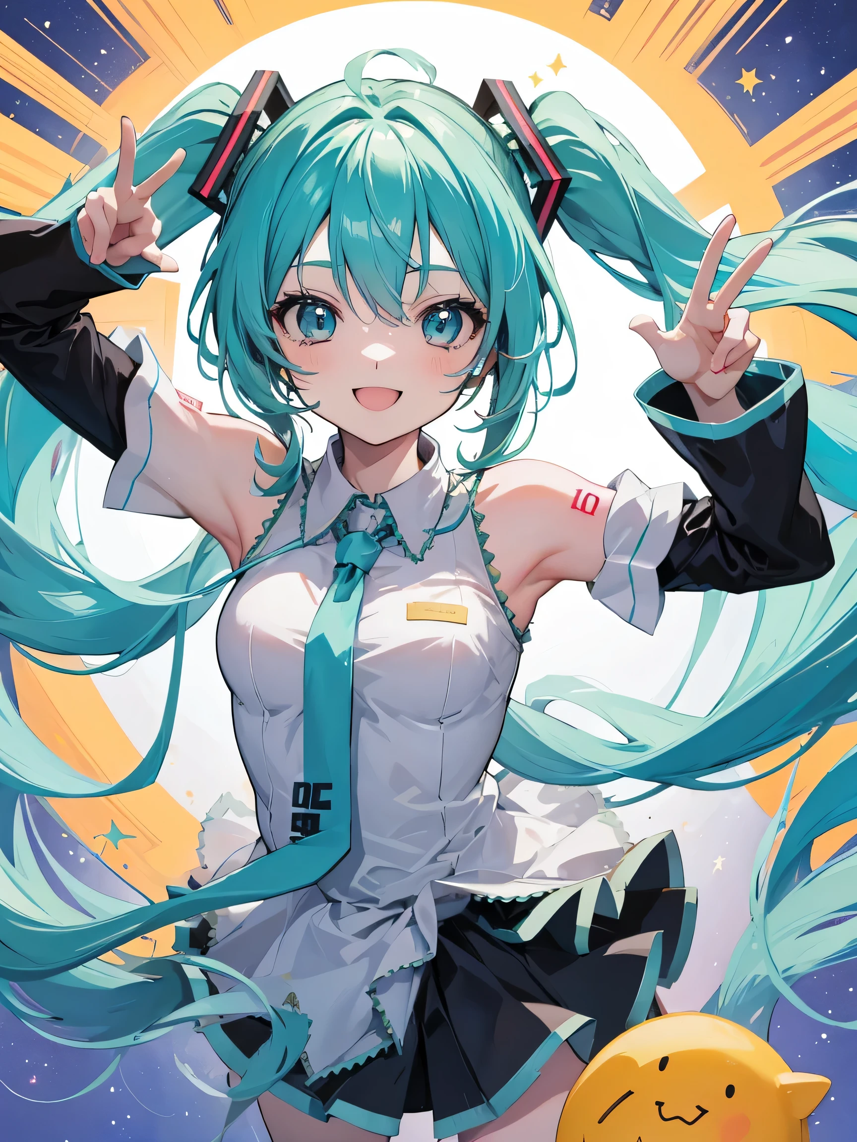 ((best quality)), 1girl, Hatsune Miku, lollipop, super happy, mouth open smile, peace sign hands, hands on eyes, arms up, starbeam background, hard lighting, super smile,, pigtails