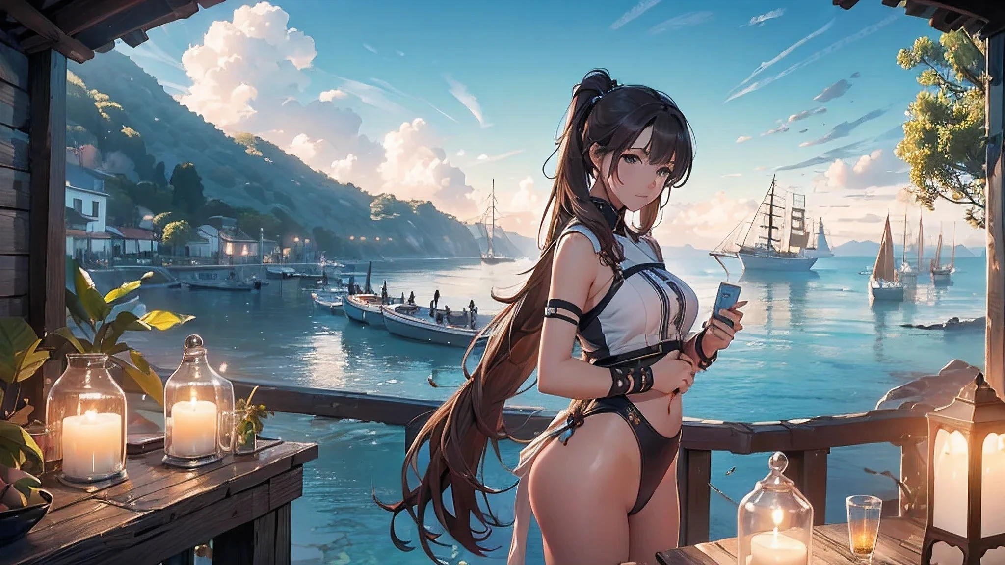 (8k, RAW foto, mejor calidad, (Obra maestra, super high quality, super detailed), anime style paisaje, chica joven, Absoluto, velas escarlatas, girl looking at the sea from the coast, camera looking at the sea, detalles intrincados, sailing ship with velas escarlatas, Una escena de una novela de Alexander Greene. "velas escarlatas" imagen de medio cuerpo, A beautiful women posing for a photograph in an alley, brown ponytail, golpes, risa feliz, blue eyes, Cuerpo magro musculoso, perfect anatomy, Looking to the camera, Time of the day, cielo azul, estilo animado, al aire libre, tendencia en artstation, Oh!, sakimichan muy sensual, con ropa original cuerpo entero, muy realista, extremadamente realista, extremadamente sexy, 8k, 8k extremadamente detallado), (un extremadamente delicado y hermoso), (obra maestra), (mejor calidad: 1.0), (ultra high resolution:1.0)