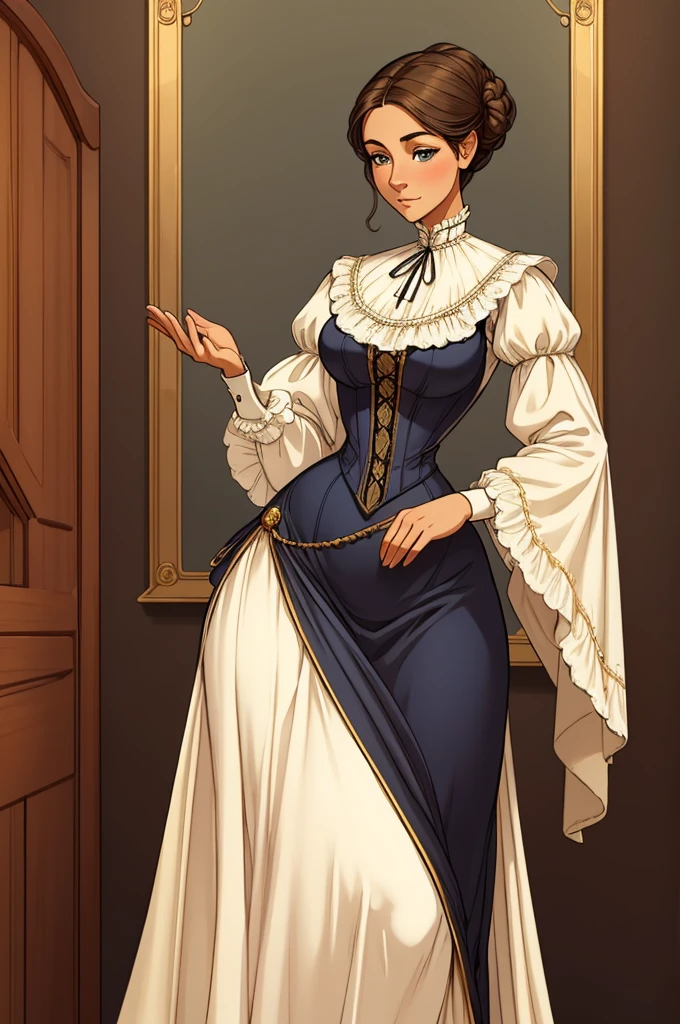 A beautiful Aristacrat woman with soft facial features who embodies old fashioned class, sophistication, elgance as well as wholesome, natural beauty. curvy, thin-waist, wide-hips, swaying-hips. Oppulent historically accurate victorian dress.
