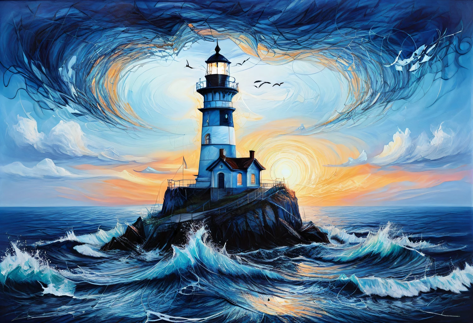 A two-layer painting with the effect of surreal volume by superimposing layers with different styles, a surreal grotesque image ((Blue Coast)) and (lonely lighthouse) at sunset on one layer surrounded by an elegant intricate patterned edging made by the second layer, the combination of two layers creates the illusion of volume, canvas, acrylic, clarity, filigree