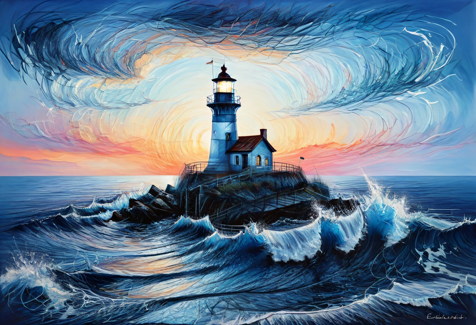 A two-layer painting with the effect of surreal volume by superimposing layers with different styles, a surreal grotesque image ((Blue Coast)) and (lonely lighthouse) at sunset on one layer surrounded by an elegant intricate patterned edging made by the second layer, the combination of two layers creates the illusion of volume, canvas, acrylic, clarity, filigree