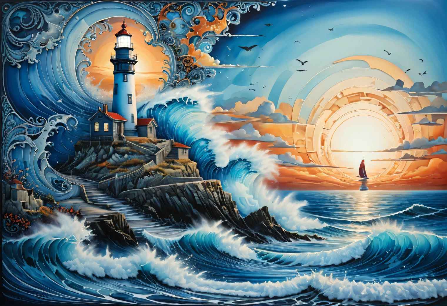 A two-layer painting with the effect of surreal volume by superimposing layers with different styles, a surreal grotesque image ((Blue Coast)) and (lonely lighthouse) at sunset on one layer surrounded by an elegant intricate patterned edging made by the second layer, the combination of two layers creates the illusion of volume, canvas, acrylic, clarity, filigree