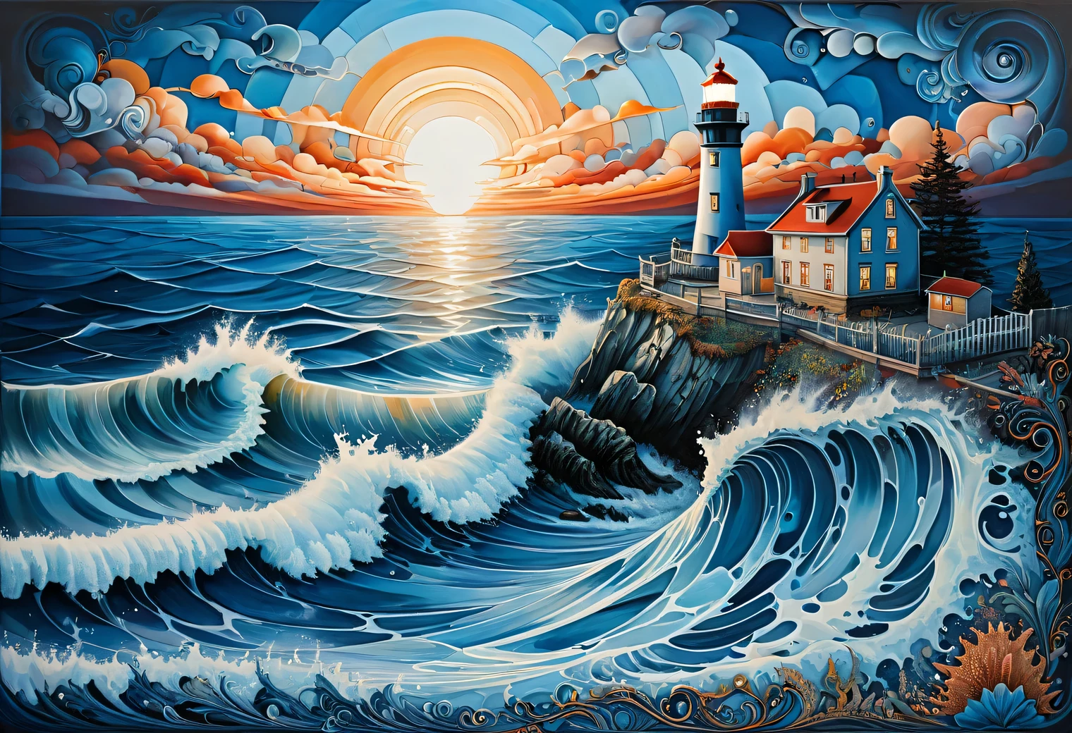 A two-layer painting with the effect of surreal volume by superimposing layers with different styles, a surreal grotesque image ((Blue Coast)) and (lonely lighthouse) at sunset on one layer surrounded by an elegant intricate patterned edging made by the second layer, the combination of two layers creates the illusion of volume, canvas, acrylic, clarity, filigree