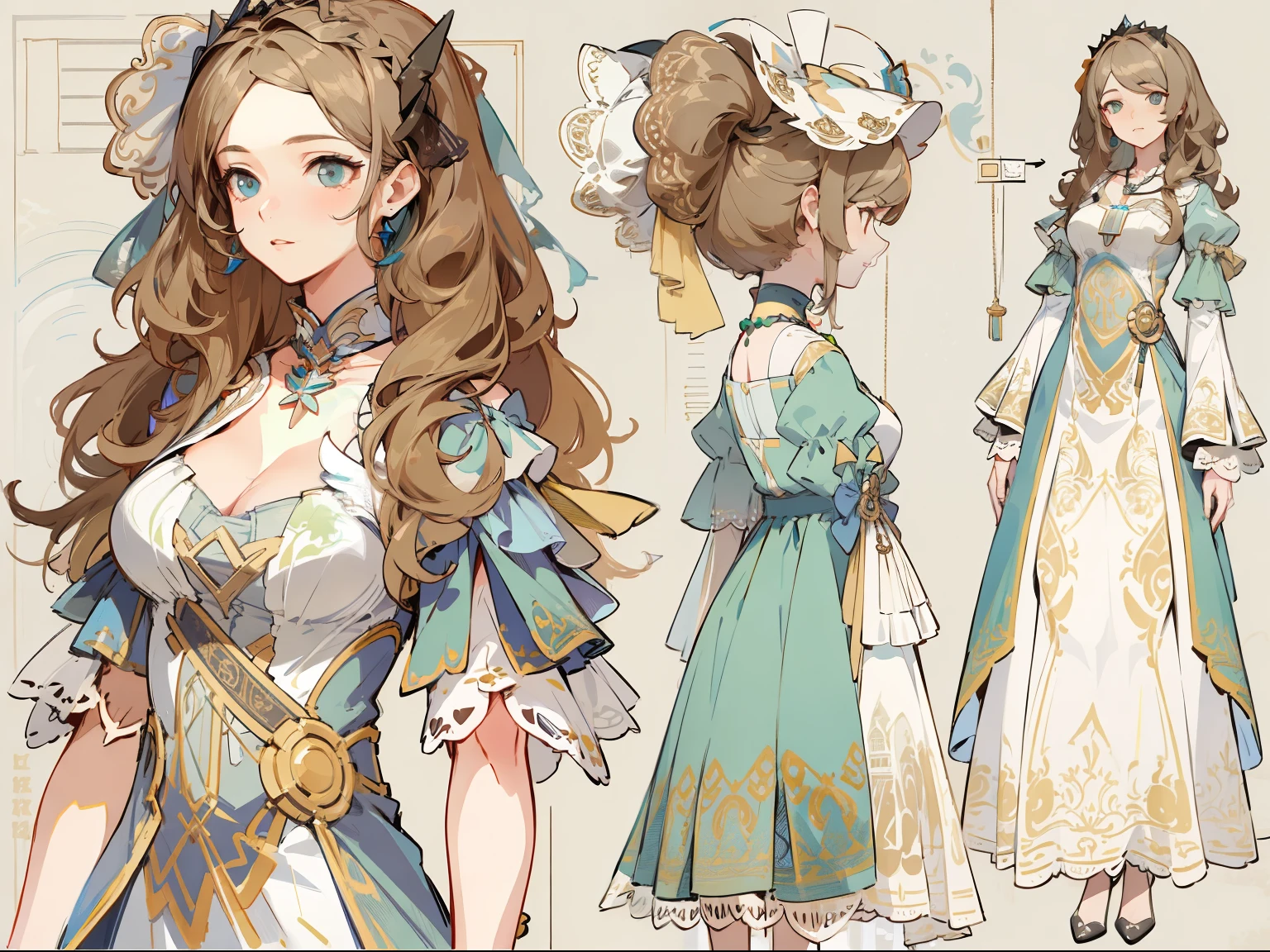 (Masterpiece, best quality) detailed, Detailed face, character sheet, full bodyesbian, many items (same person, dress, necklace, lace, bow, shoes, decoration, many parts), aristocratic woman, gentle, good-looking skirt, full of details, clear outfit design