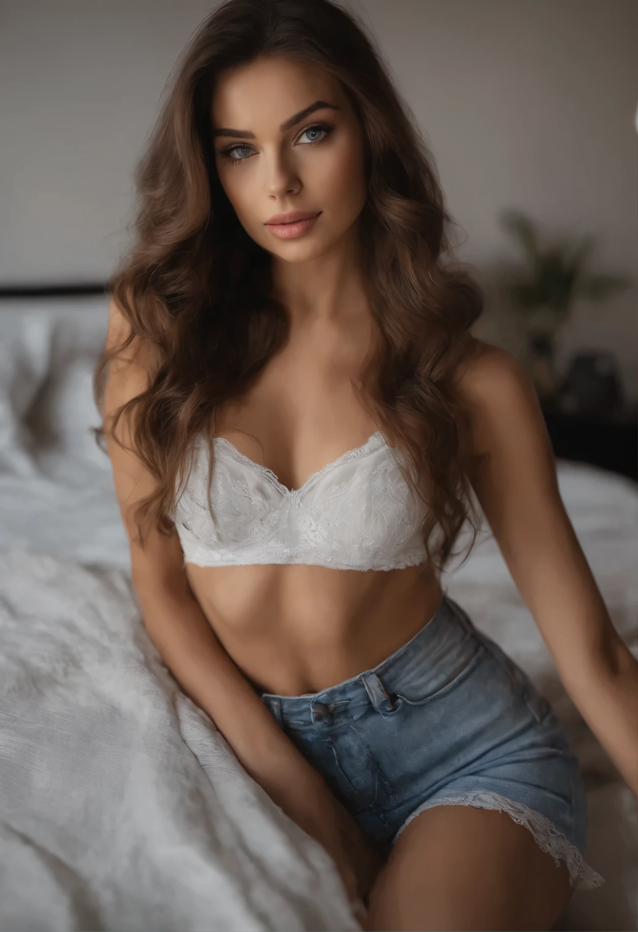 arafed femme pleinement , Fille sexy aux yeux marrons, ultra realistic, meticulously detailed, Portrait de Sophie Mudd, cheveux bruns et grands yeux, je cherche ailleurs, selfie d'une jeune femme, Yeux de chambre, Violette Myers, sans maquillage, Maquillage naturel, regarder directement la caméra, visage avec artgram, maquillage subtil, superbe photo de tout le corps à genoux sur le lit, dans la chambre, medium to large bust